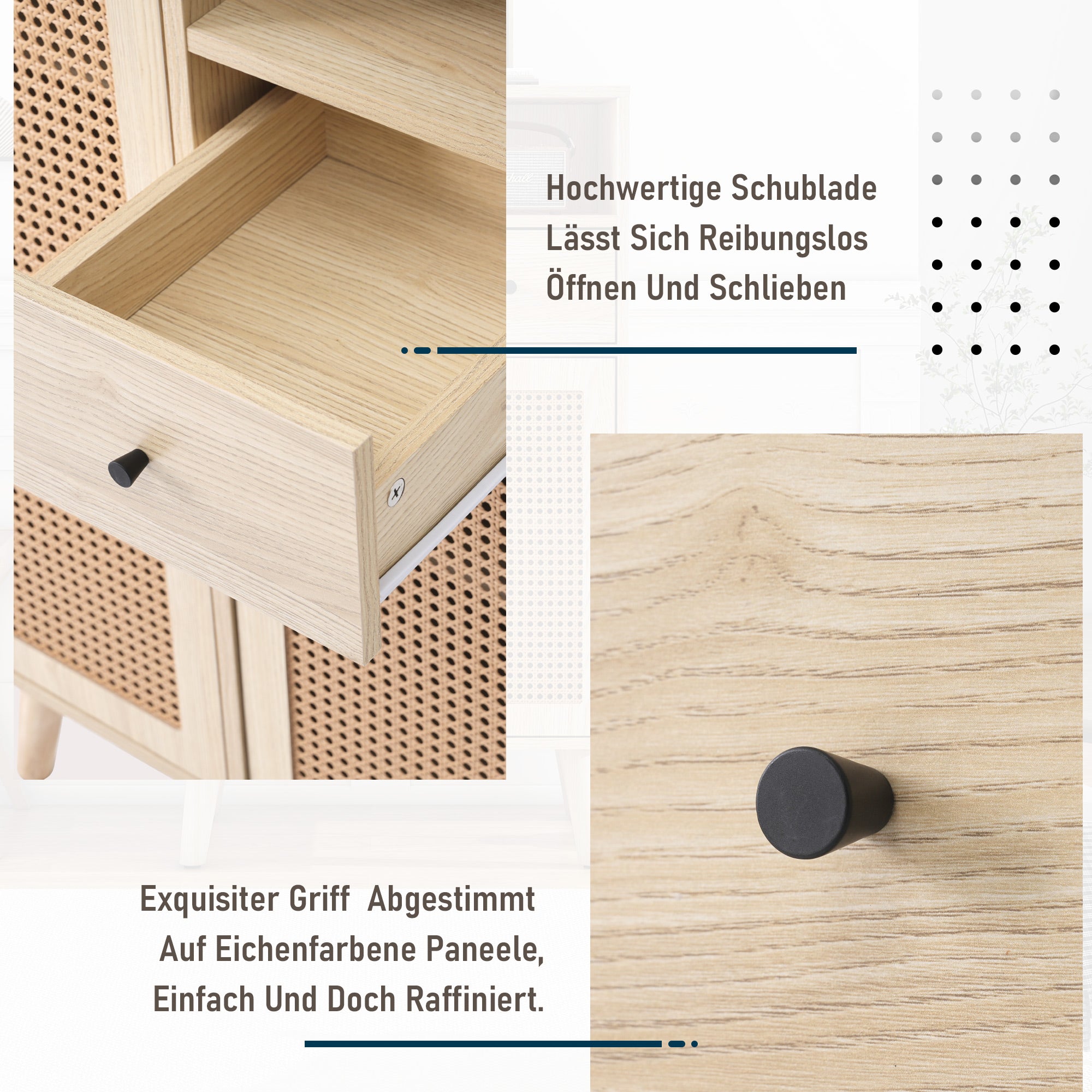 Sideboard, 2 rattan doors, 1 drawer, large storage, wood look