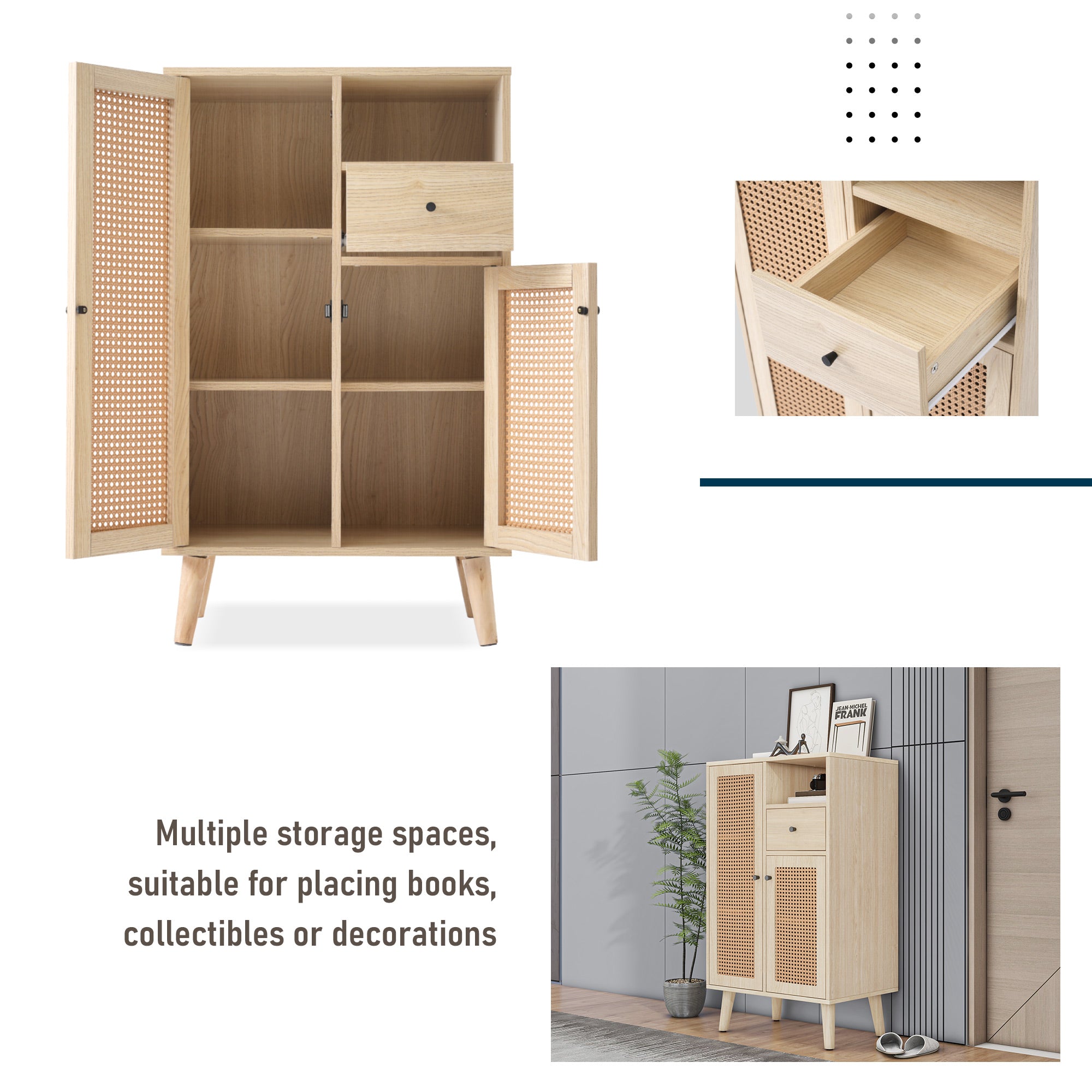 Sideboard, 2 rattan doors, 1 drawer, large storage, wood look