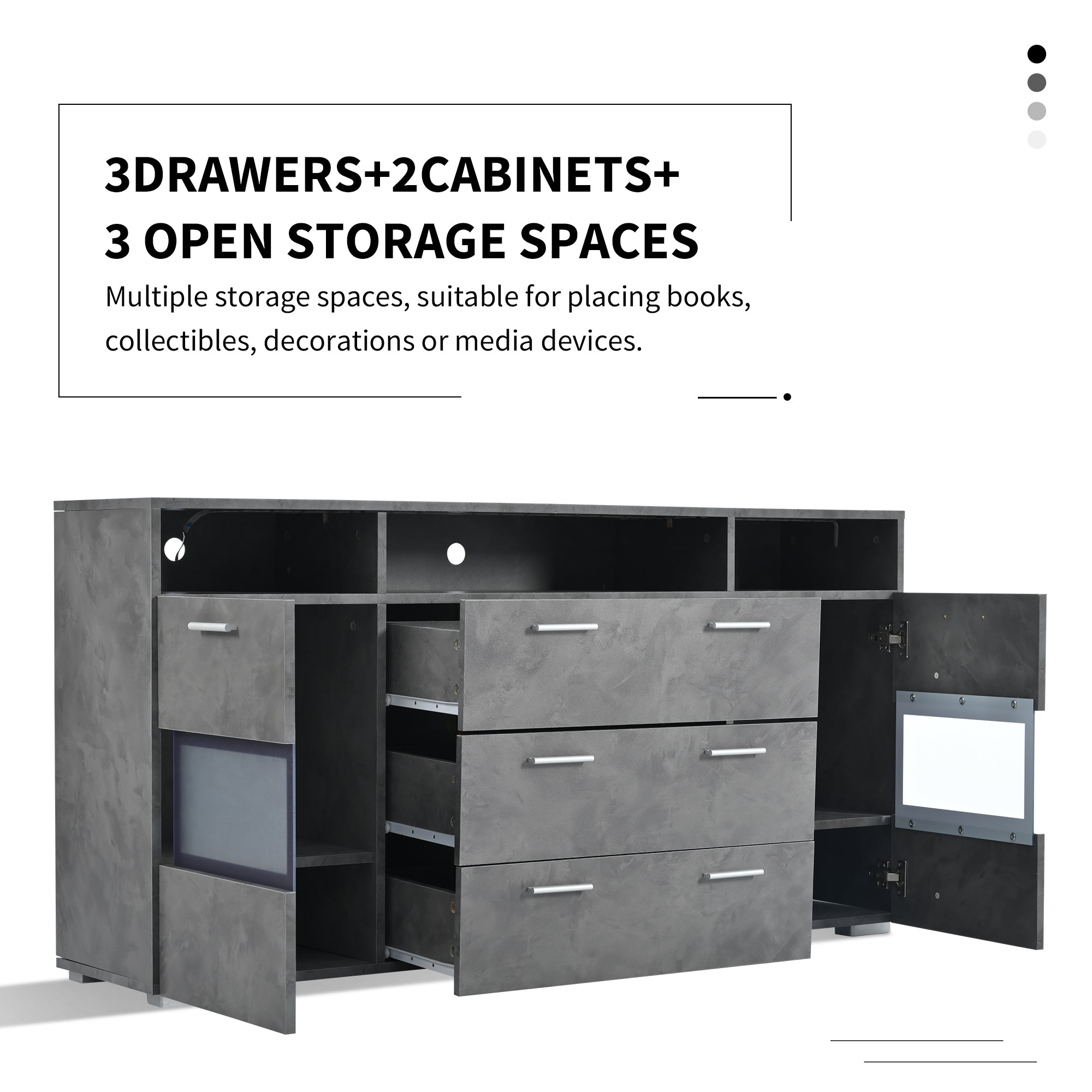 Sideboard, 140 cm LED Lighting, 2 Doors, 3 Drawers, Open Storage, Grey Acrylic