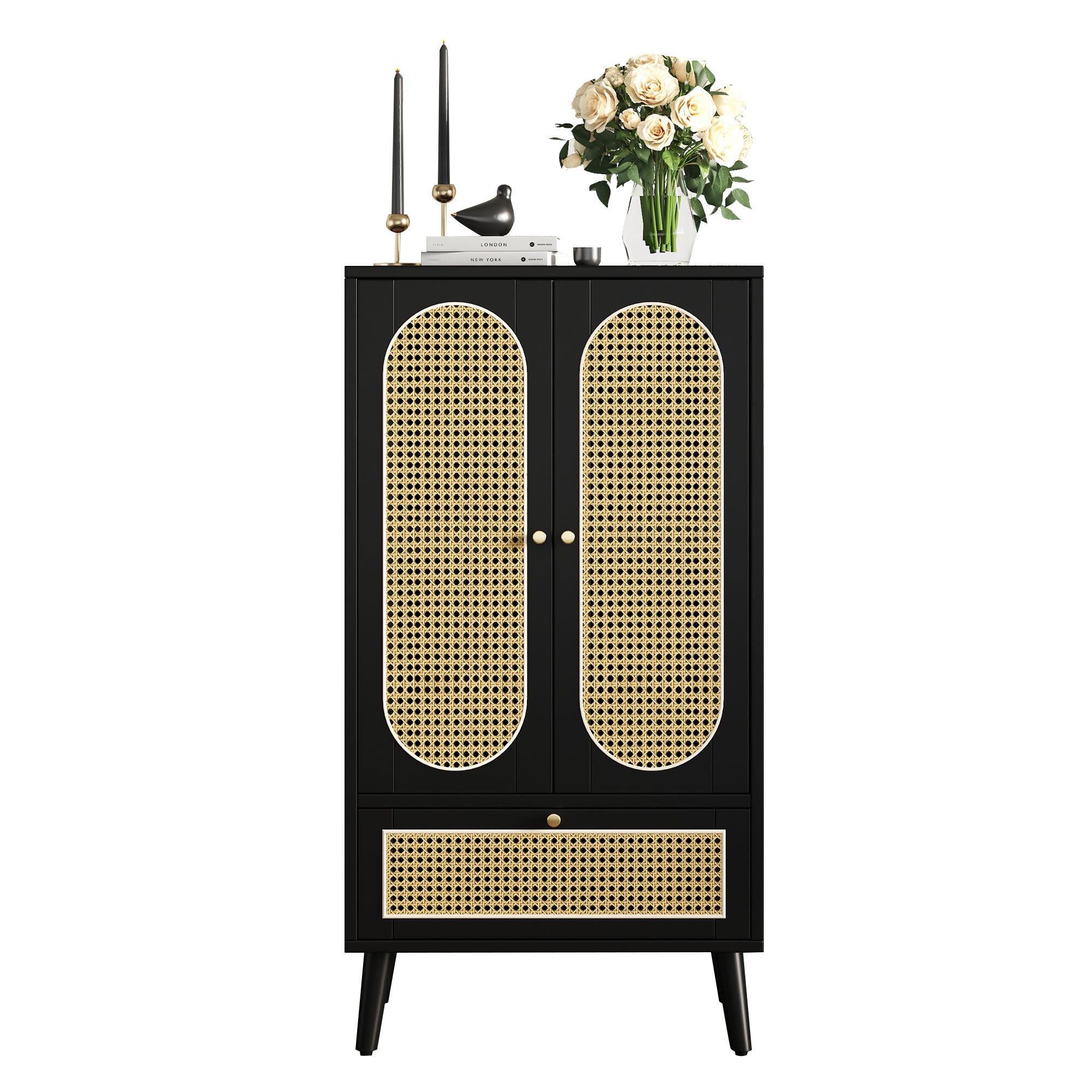 Compact Sideboard, Rattan Design, 2 Doors, 1 Drawer, Black