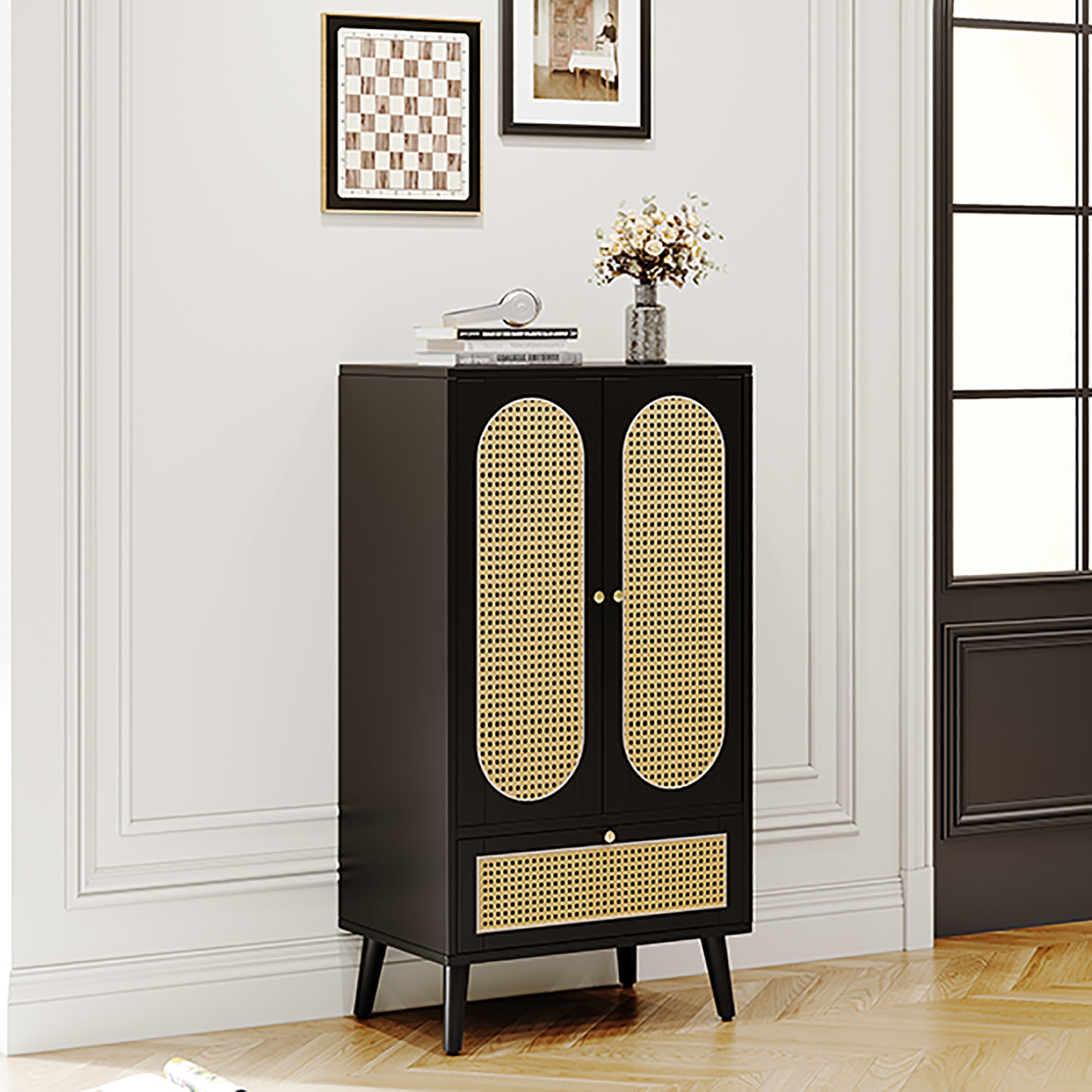 Compact Sideboard, Rattan Design, 2 Doors, 1 Drawer, Black