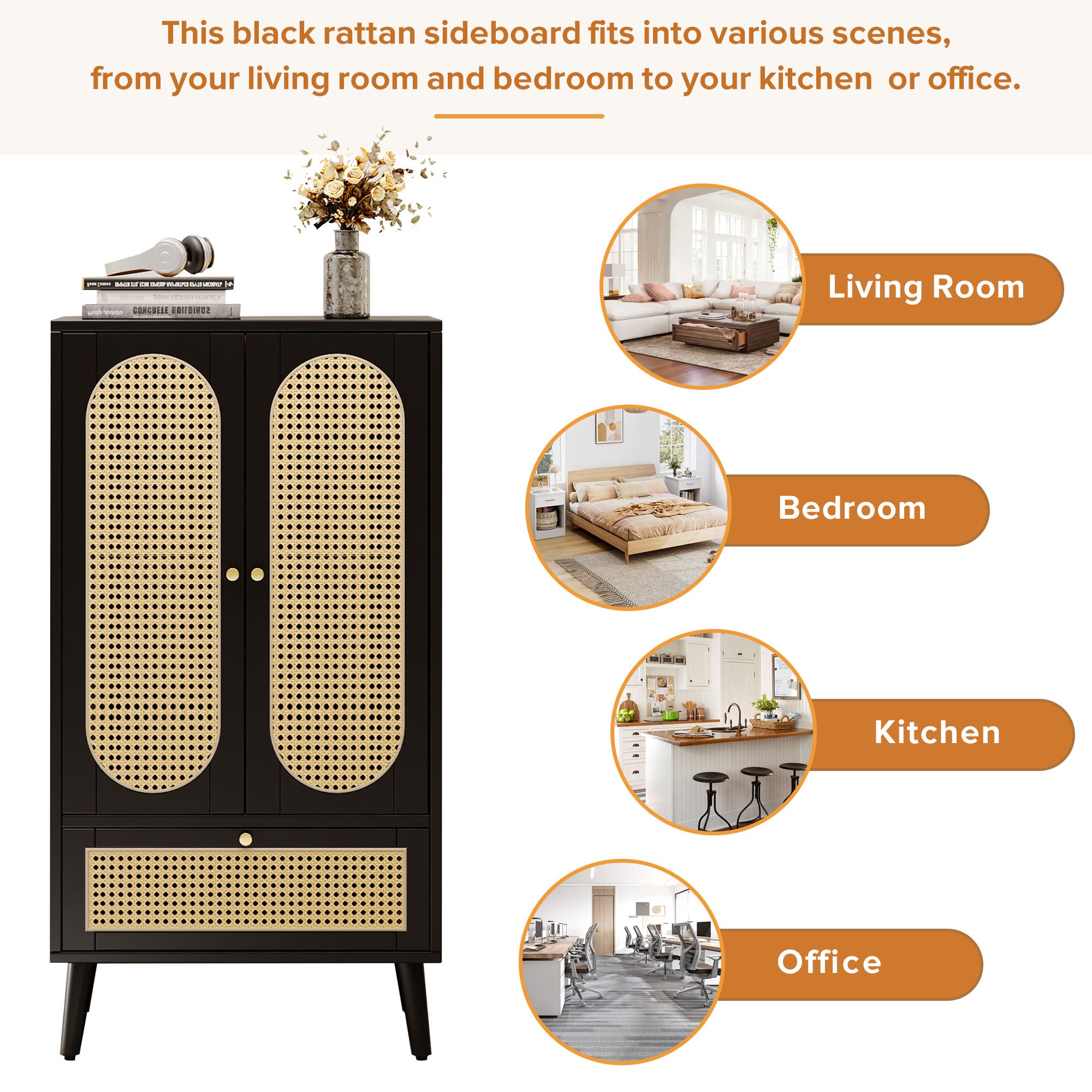 Compact Sideboard, Rattan Design, 2 Doors, 1 Drawer, Black