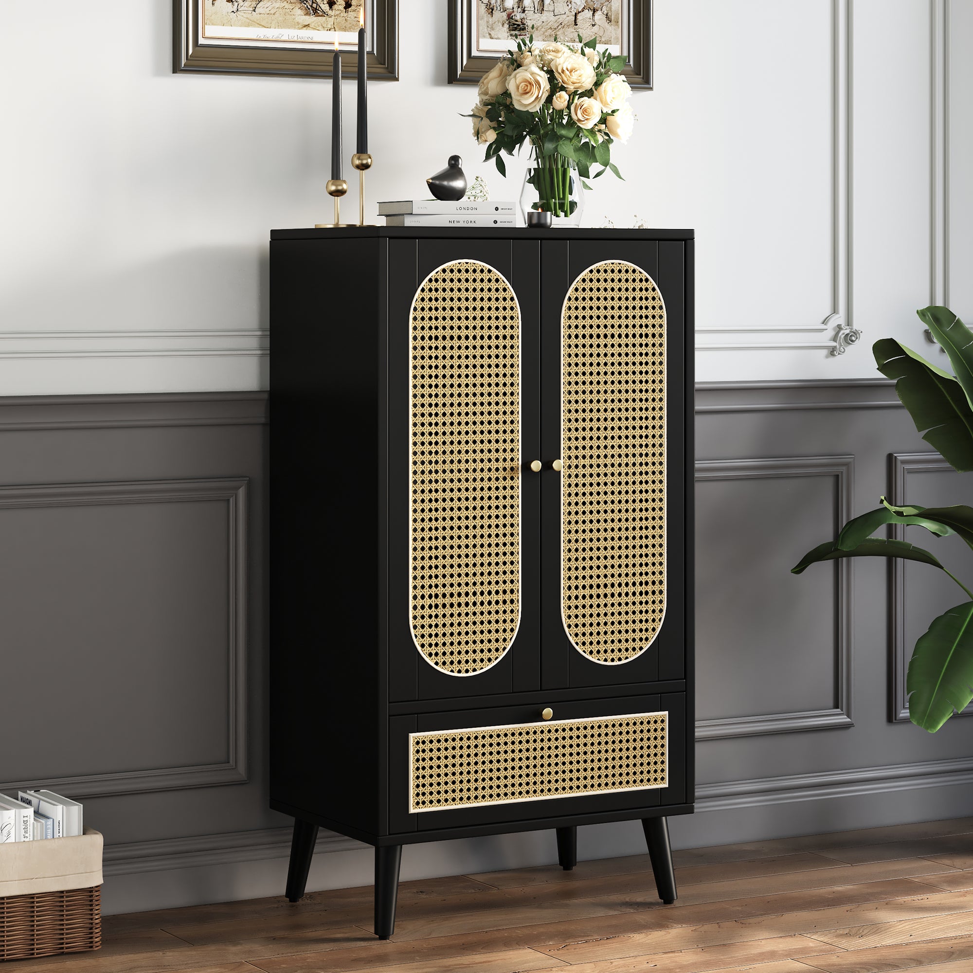 Compact Sideboard, Rattan Design, 2 Doors, 1 Drawer, Black