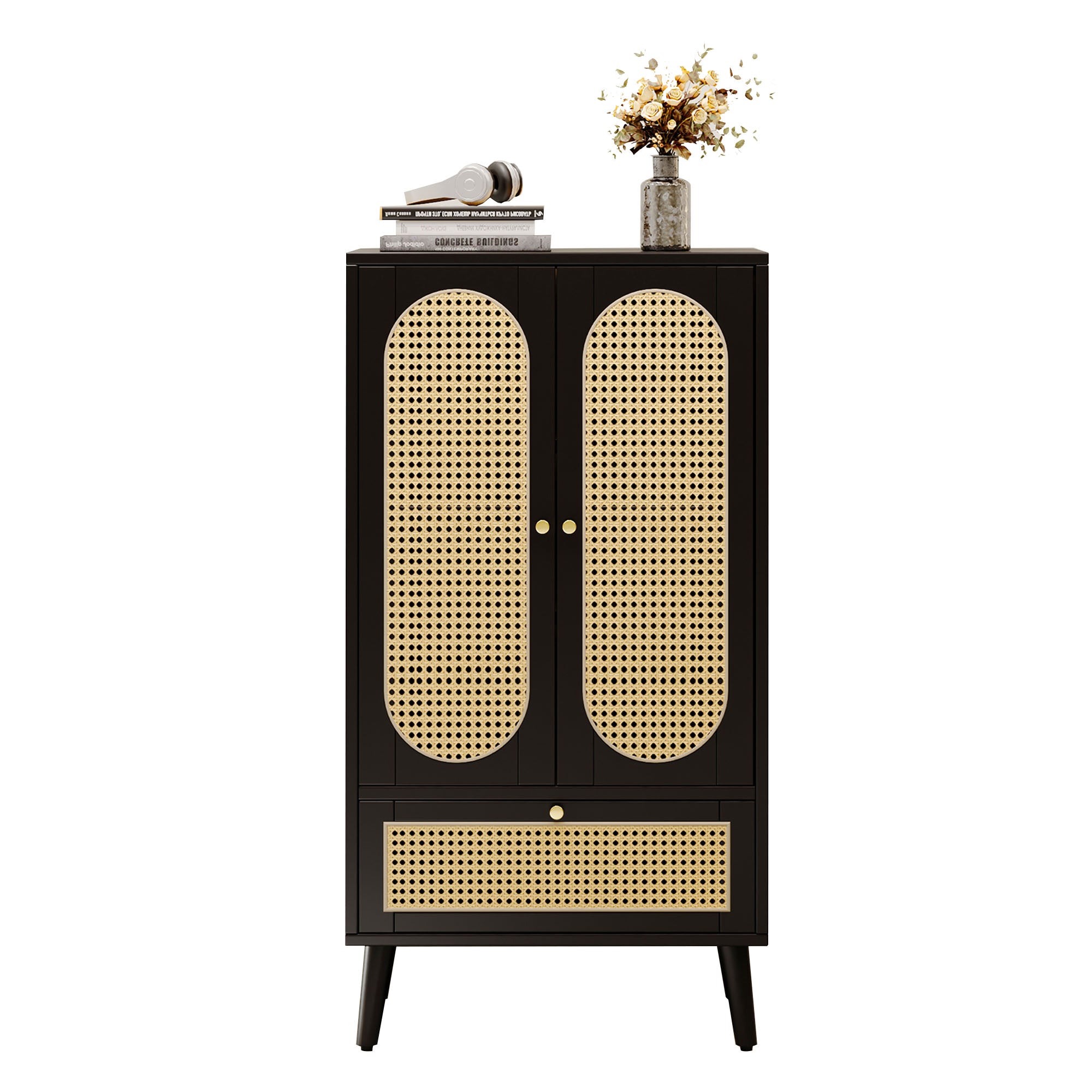 Compact Sideboard, Rattan Design, 2 Doors, 1 Drawer, Black