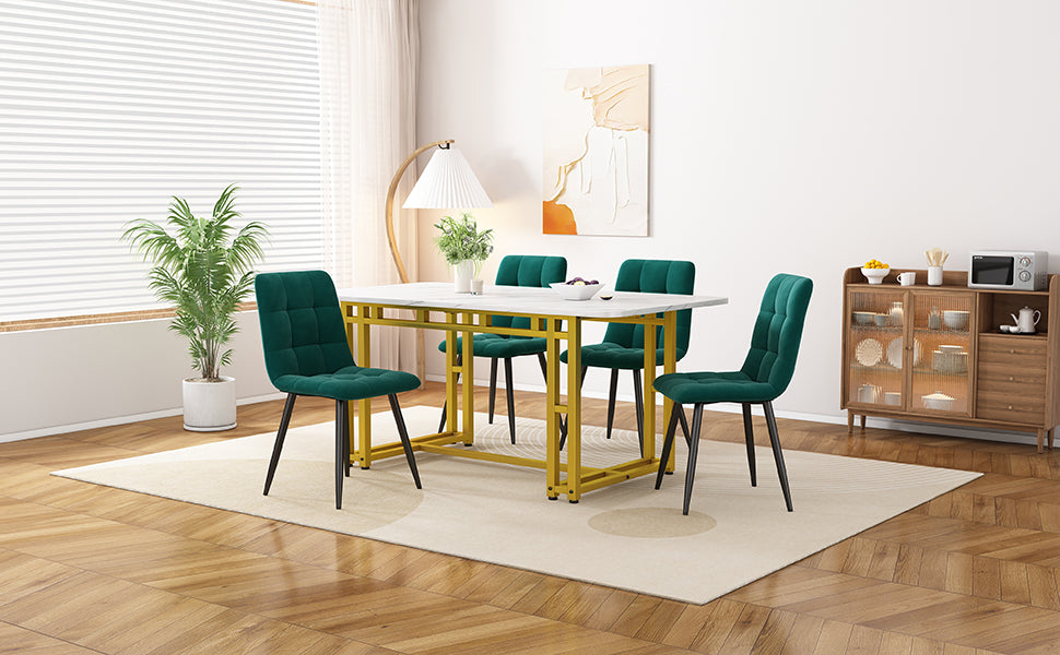 Dining Set 120x70cm with 4 Chairs Modern Gold Iron Leg Dark Green Velvet