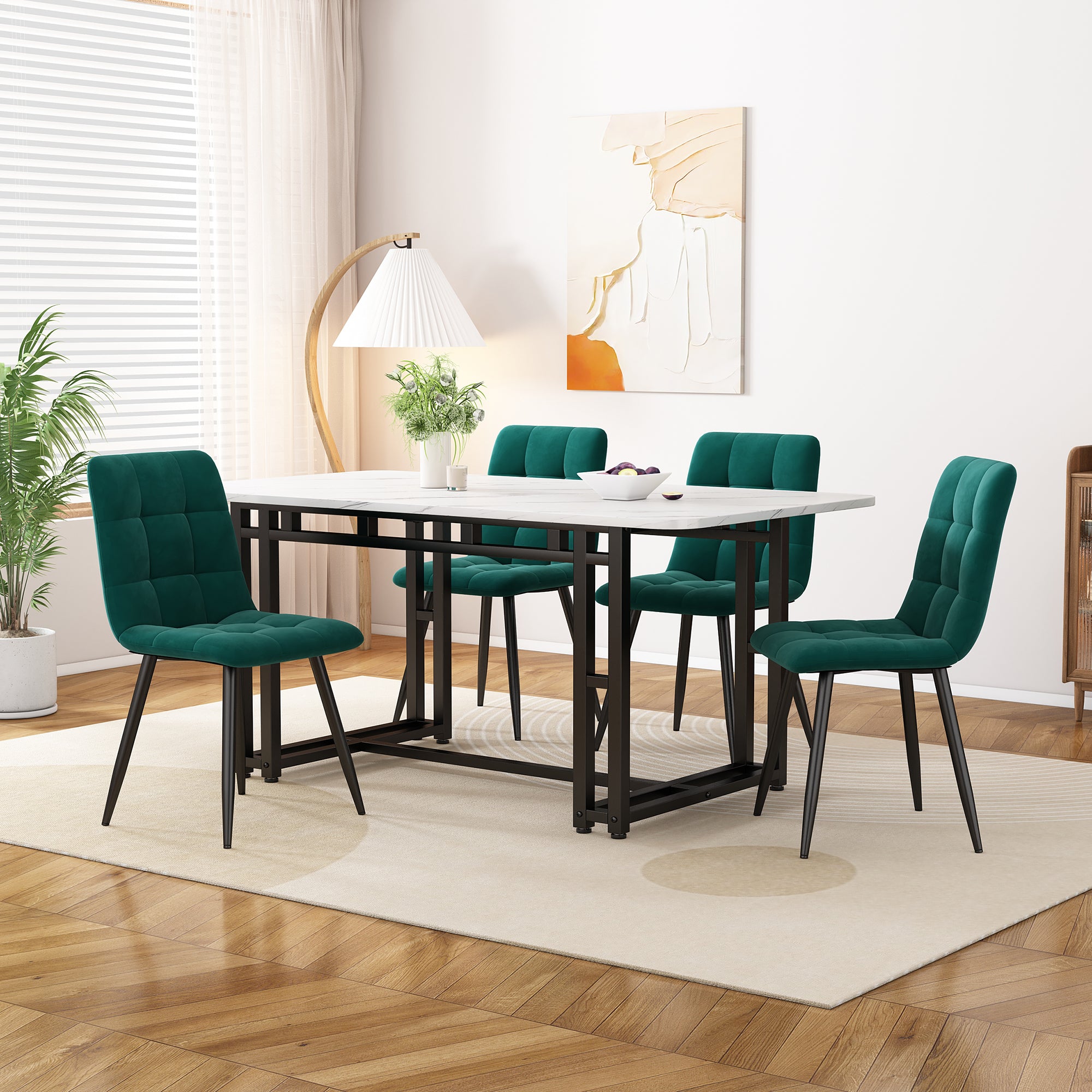 5-Piece Dining Set Modern Kitchen Table 120x70cm Black Iron, Dark Green Velvet