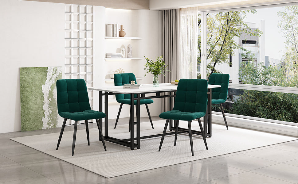 Dining Table Set, 140x80cm with 4 Chairs, Black Iron Leg, Dark Green Velvet
