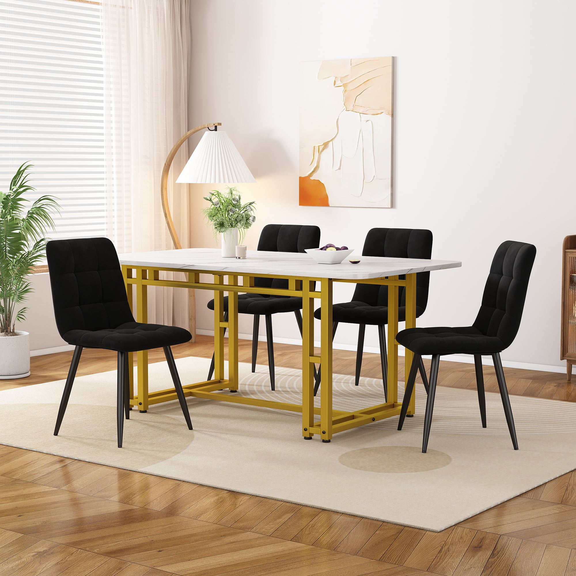 Dining Set 5-Piece 120x70cm Black Velvet Chairs, Golden Iron