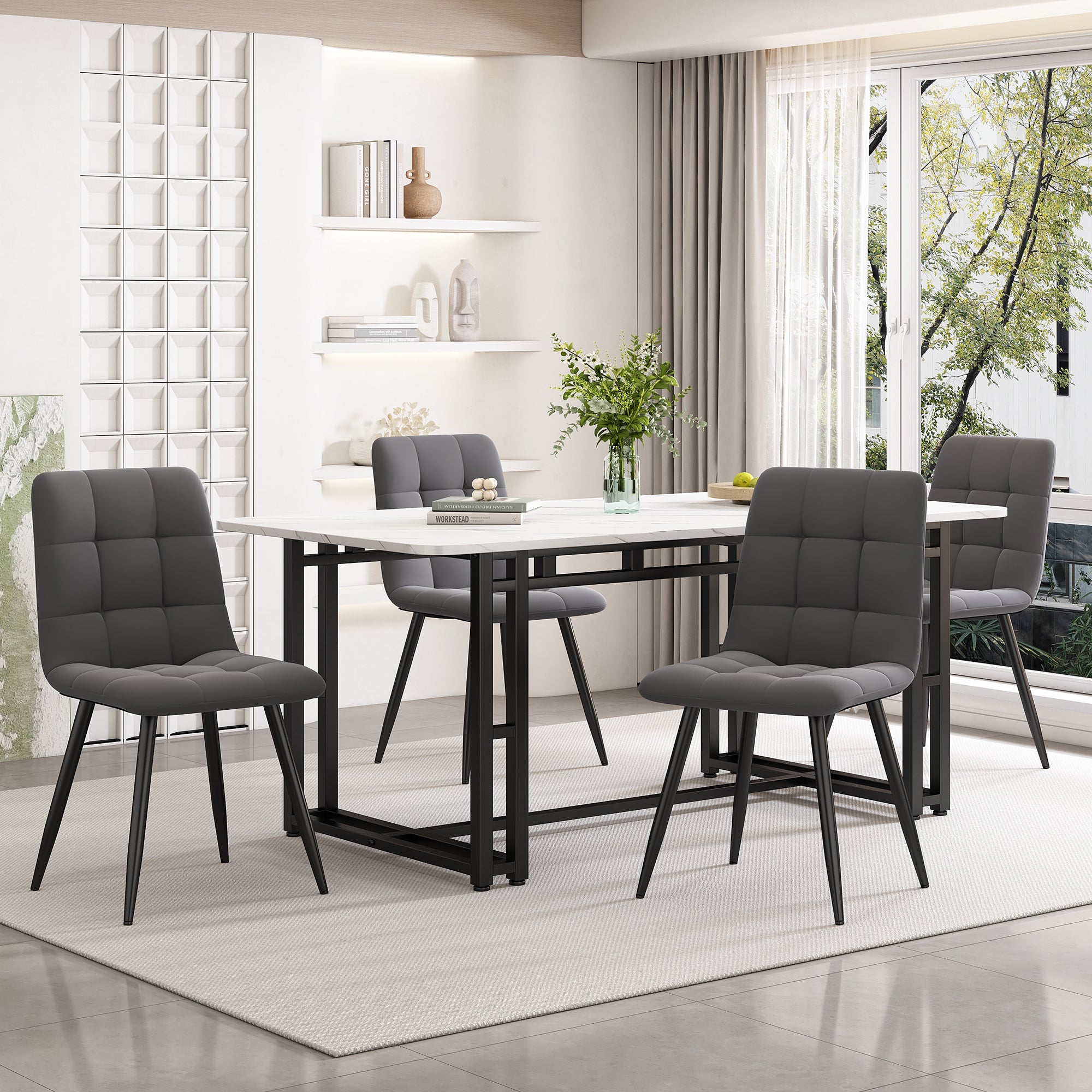 Dining Table Set, 140x80cm with 4 Chairs, Modern Kitchen, Black Iron Leg