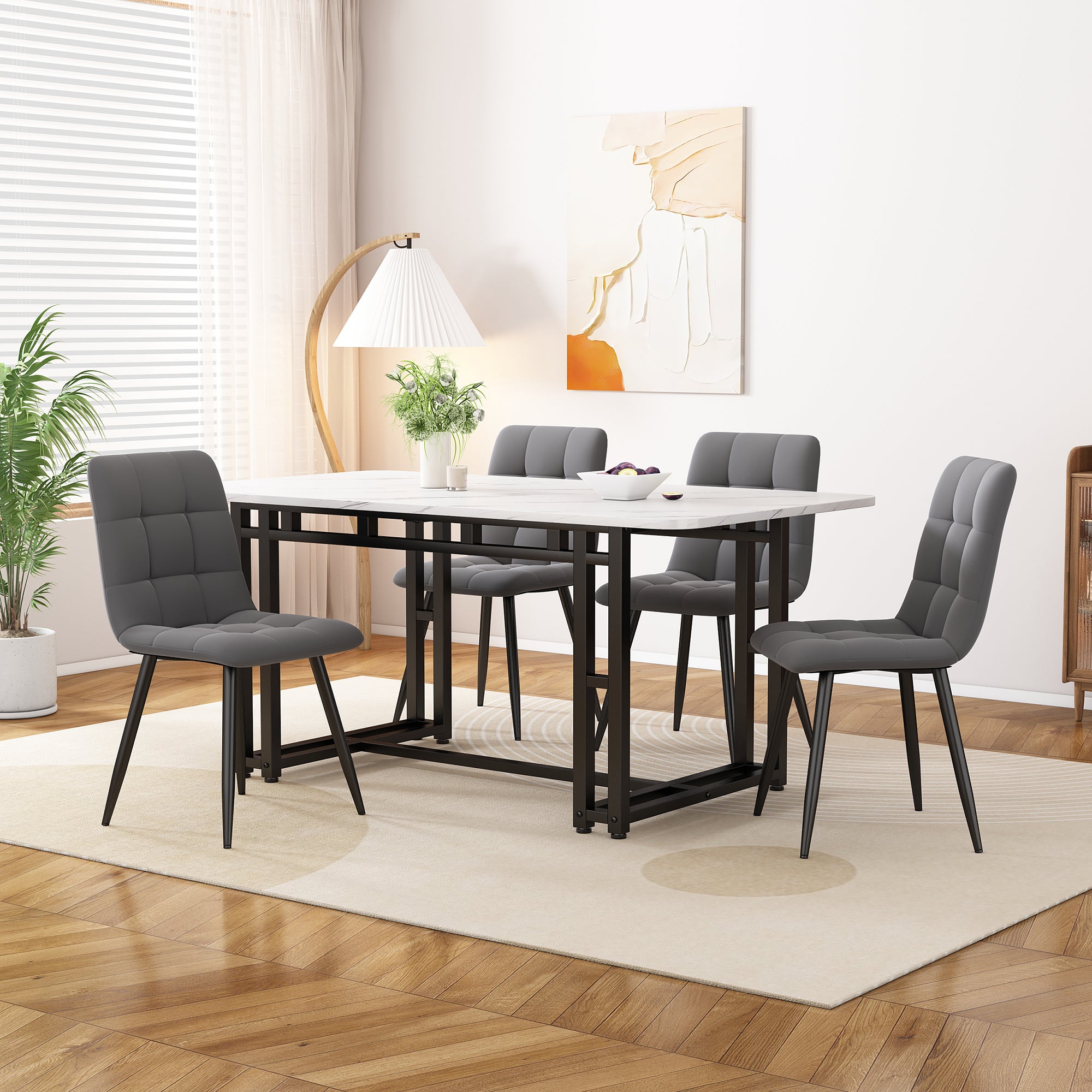 Dining Table Set, 120x70cm with 4 Chairs, Velvet, Black Iron