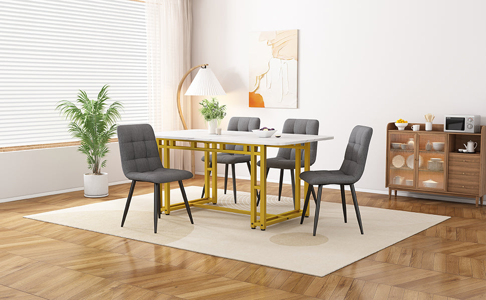 Dining Table Set, 120x70cm Modern with 4 Chairs, Dark Grey Linen & Golden Iron