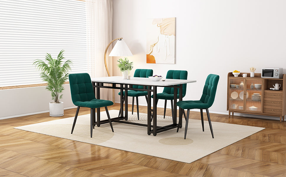 Dining Table Set, 120x70cm with 4 Chairs, Black Iron Leg & Dark Green Velvet