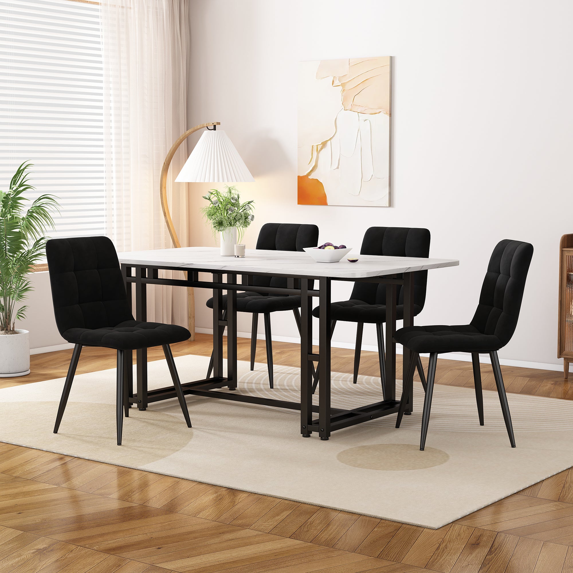 Dining Table Set, 120x70cm, 4 Chairs, Black Velvet, Black Iron