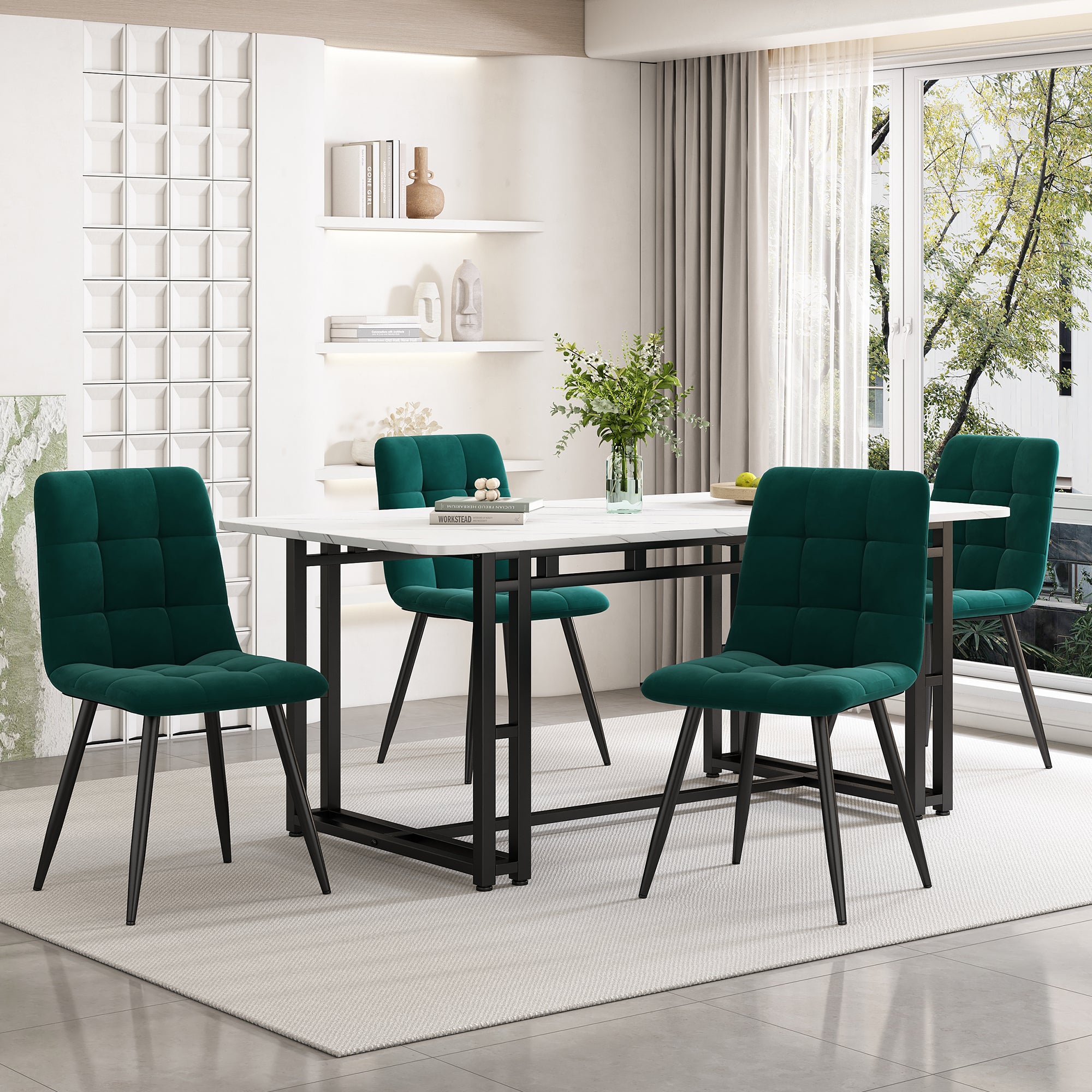 Dining Table Set, 140x80cm with 4 Chairs, Black Iron Leg, Dark Green Velvet