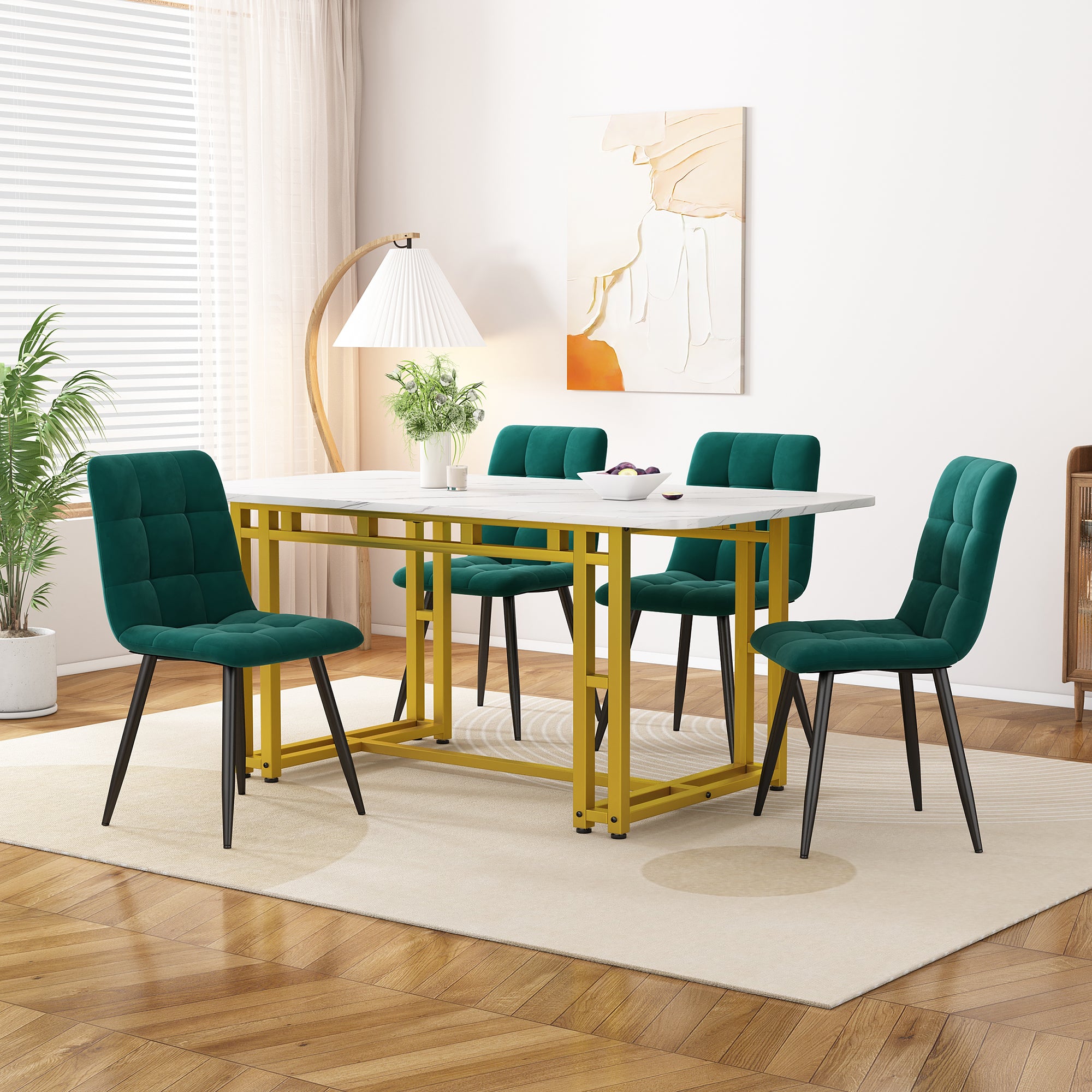 Dining Set 120x70cm with 4 Chairs Modern Gold Iron Leg Dark Green Velvet
