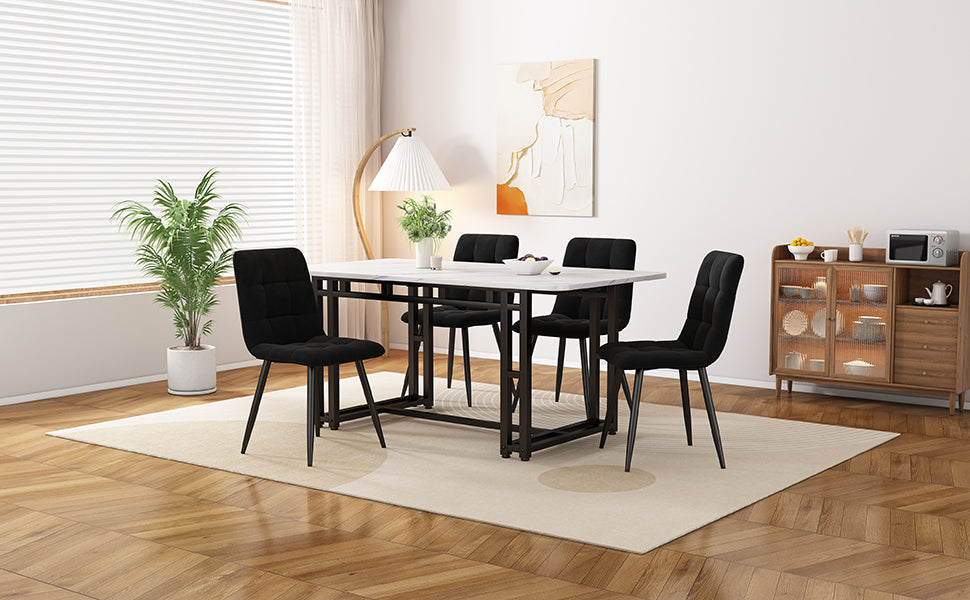 Dining Table Set, 120x70cm, 4 Chairs, Black Velvet, Black Iron