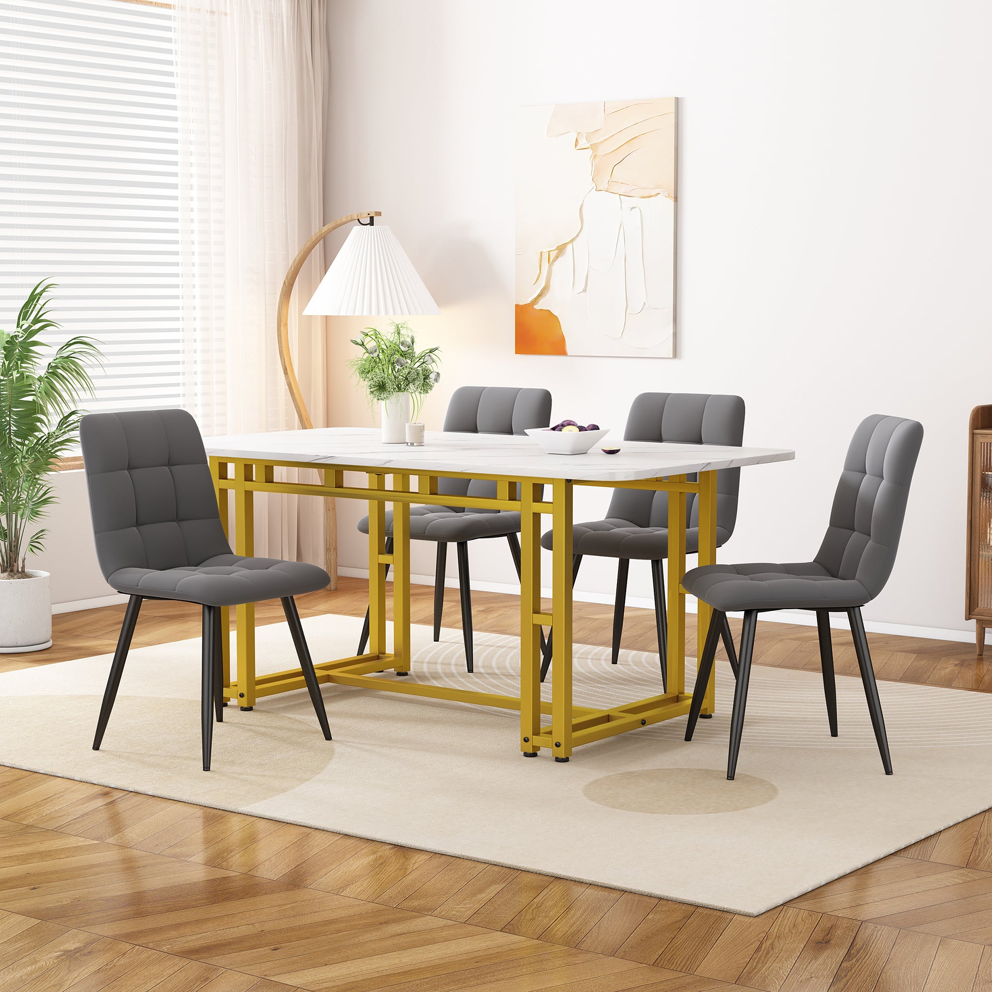 Dining Table Set, 120x70cm with 4 Chairs, Modern Kitchen, Dark Grey Velvet and Golden Iron