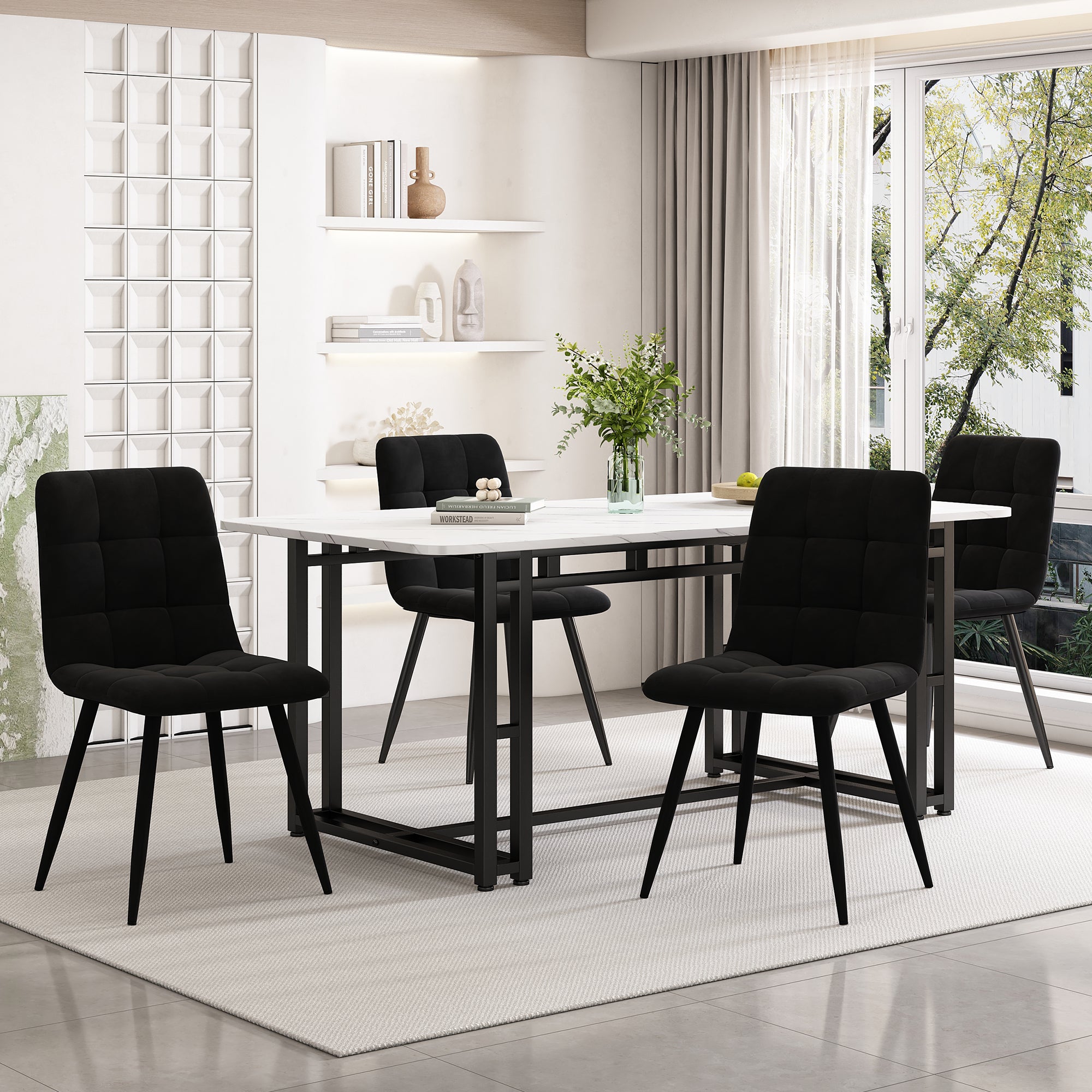 Dining Set (5-Piece) Modern Kitchen Table 140x80cm with Black Velvet Chairs, Black Iron