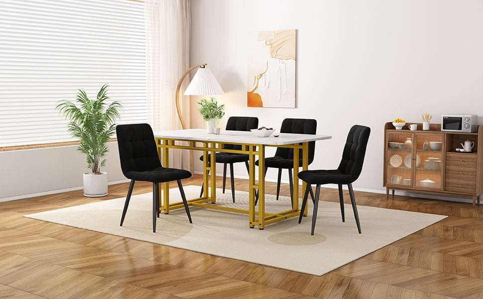 Dining Table Set, 120x70cm with 4 Chairs, Black Velvet & Golden Iron