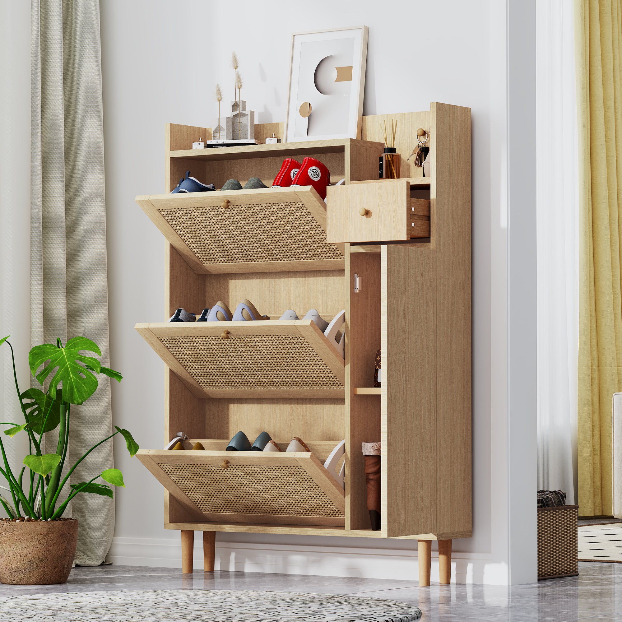 Wooden Shoe Cabinet, 3 Tilting Doors 1 Drawer Narrow Entryway, Rattan