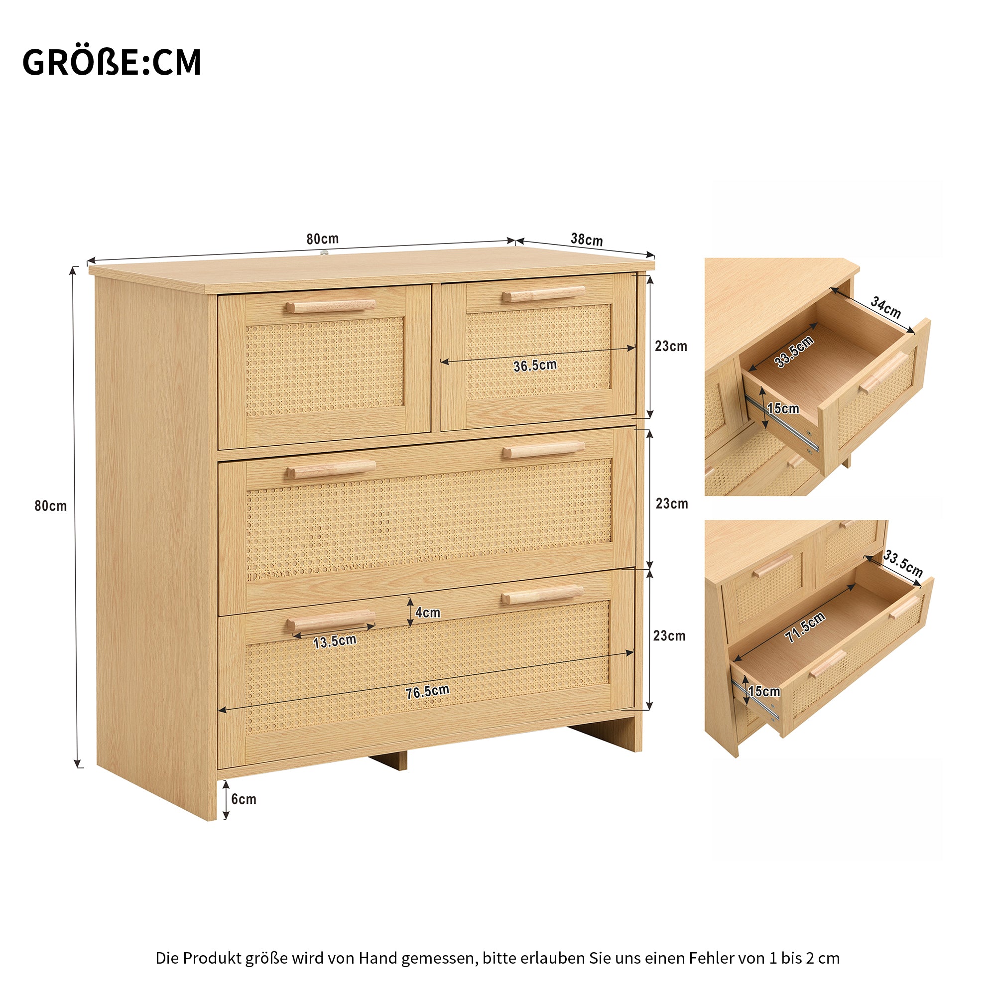 4-drawer rattan cabinet with solid wood handles - suitable for bedroom, living room, dining room, hallway, W80/H80/D38 cm.