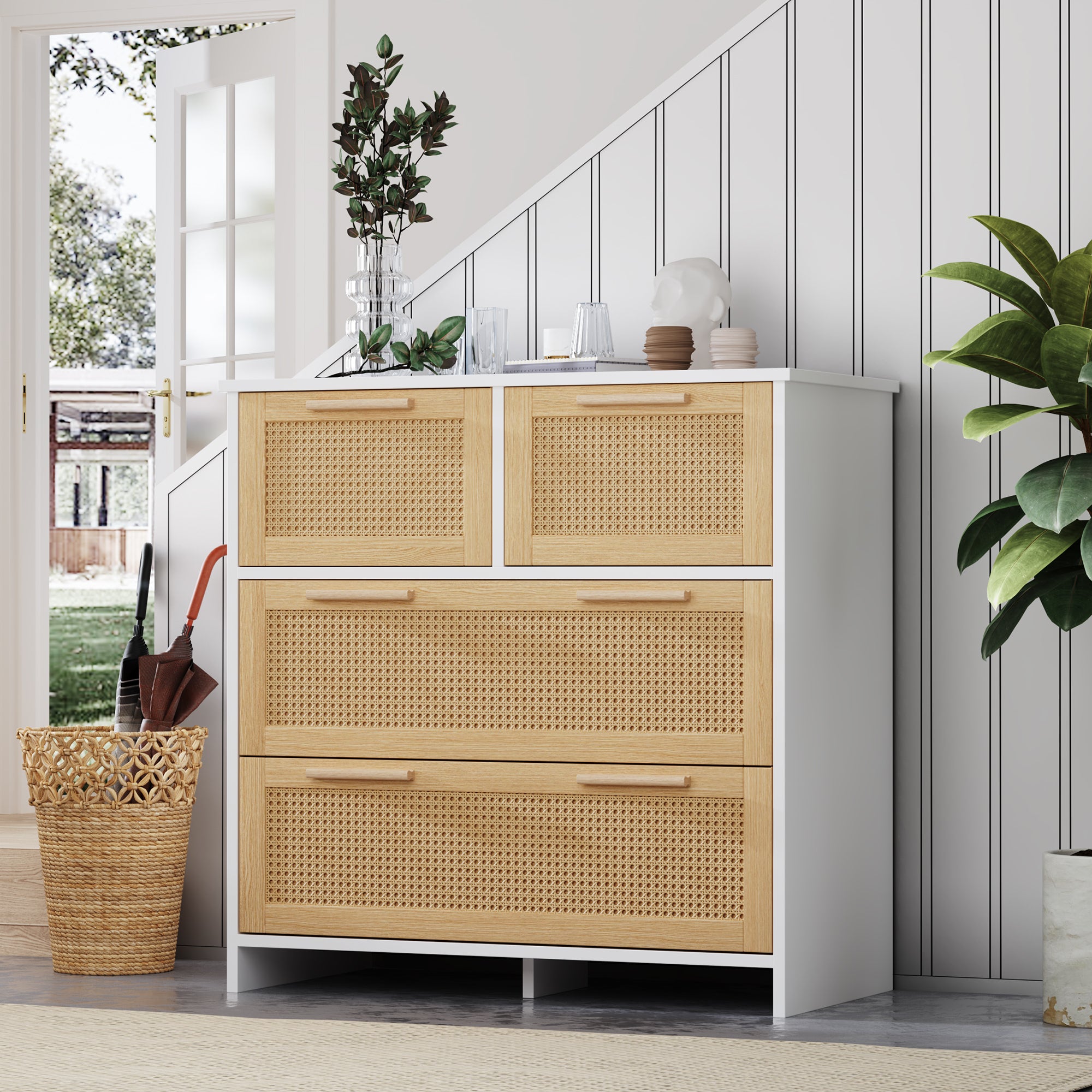 4-drawer rattan cabinet with solid wood handles