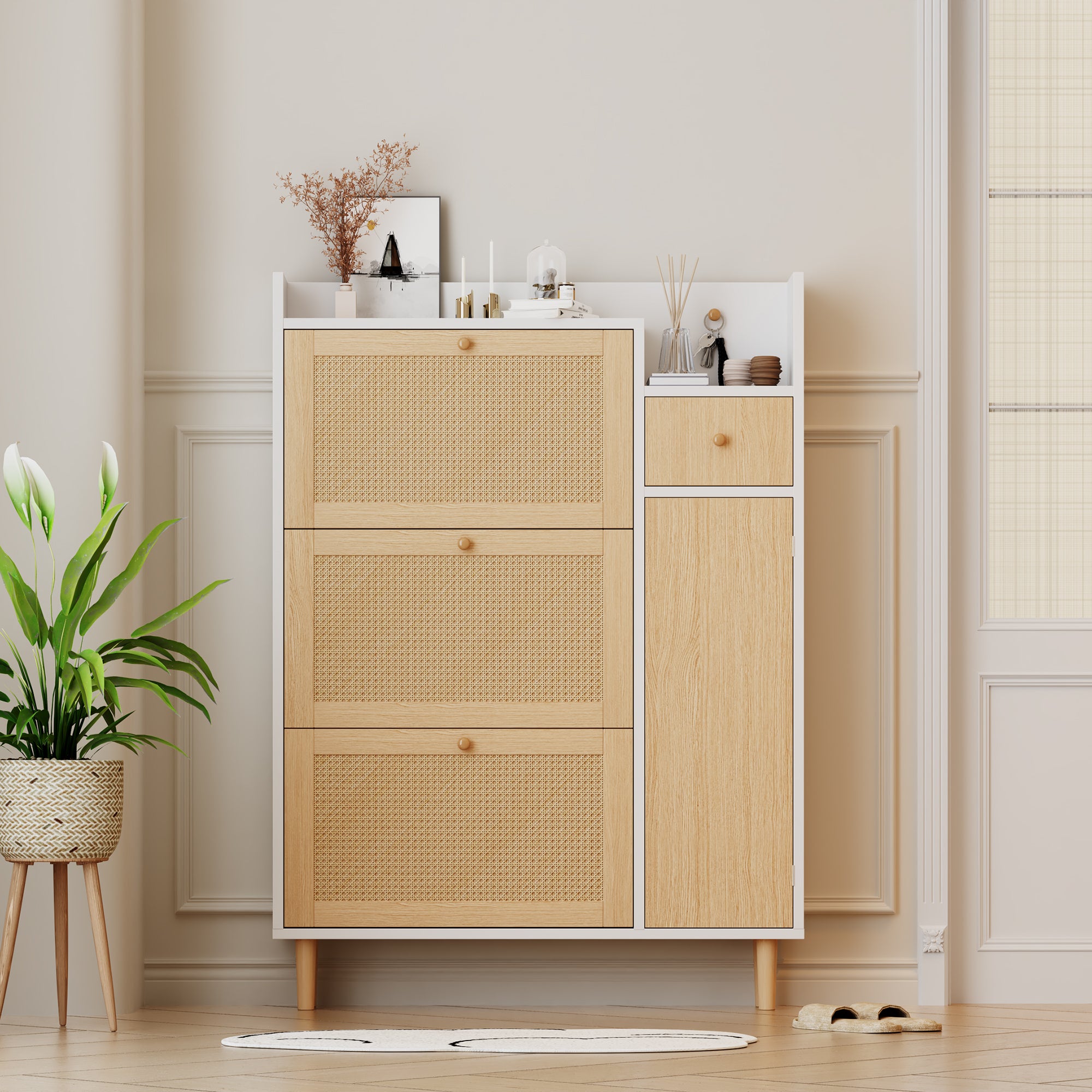 Wooden Shoe Cabinet, Narrow Entryway Storage 3 Tilting Doors 1 Drawer Solid Wood Rattan