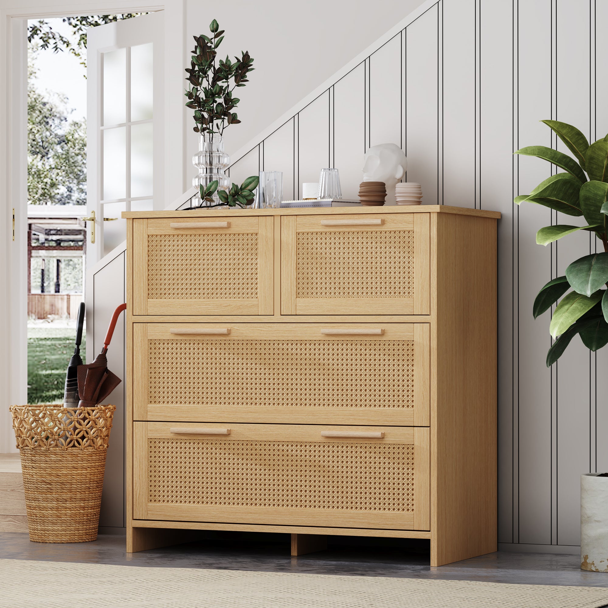 4-drawer rattan cabinet with solid wood handles - suitable for bedroom, living room, dining room, hallway, W80/H80/D38 cm.