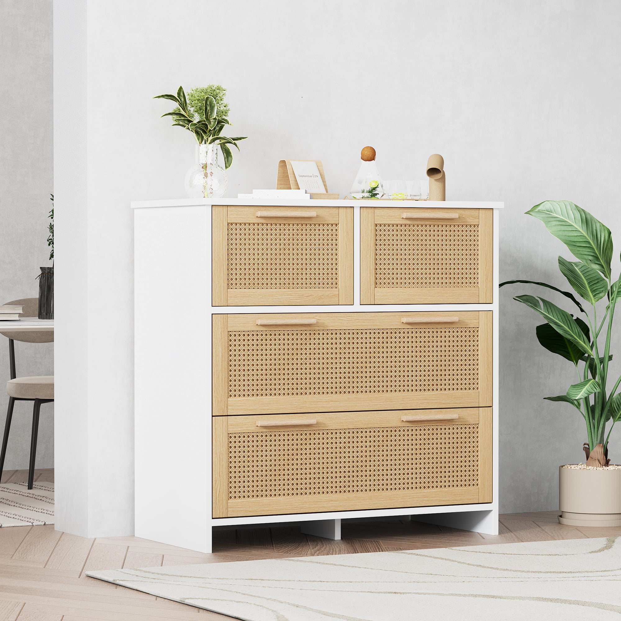 4-drawer rattan cabinet with solid wood handles