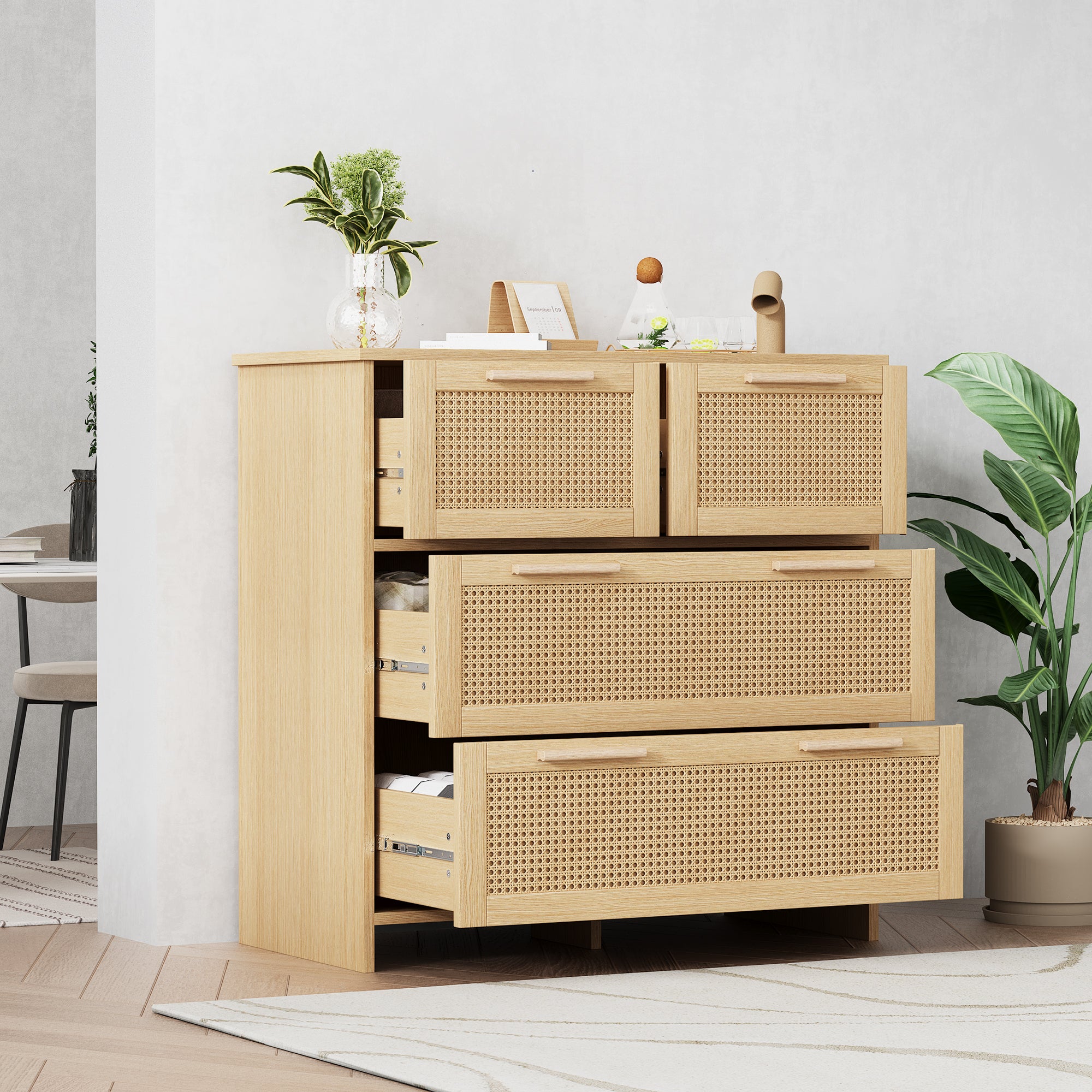 4-drawer rattan cabinet with solid wood handles - suitable for bedroom, living room, dining room, hallway, W80/H80/D38 cm.