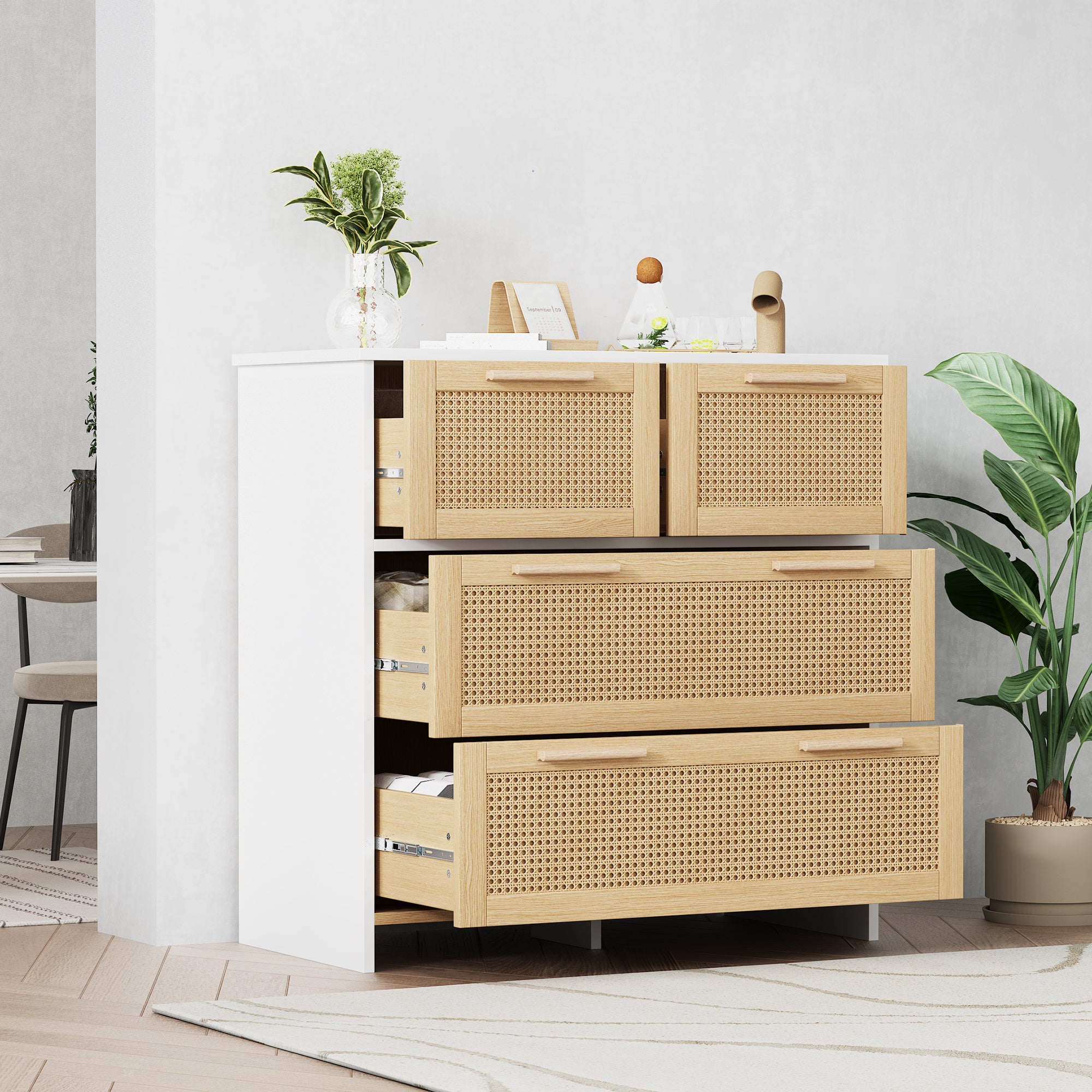 4-drawer rattan cabinet with solid wood handles