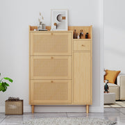 Wooden Shoe Cabinet, 3 Tilting Doors 1 Drawer Narrow Entryway, Rattan