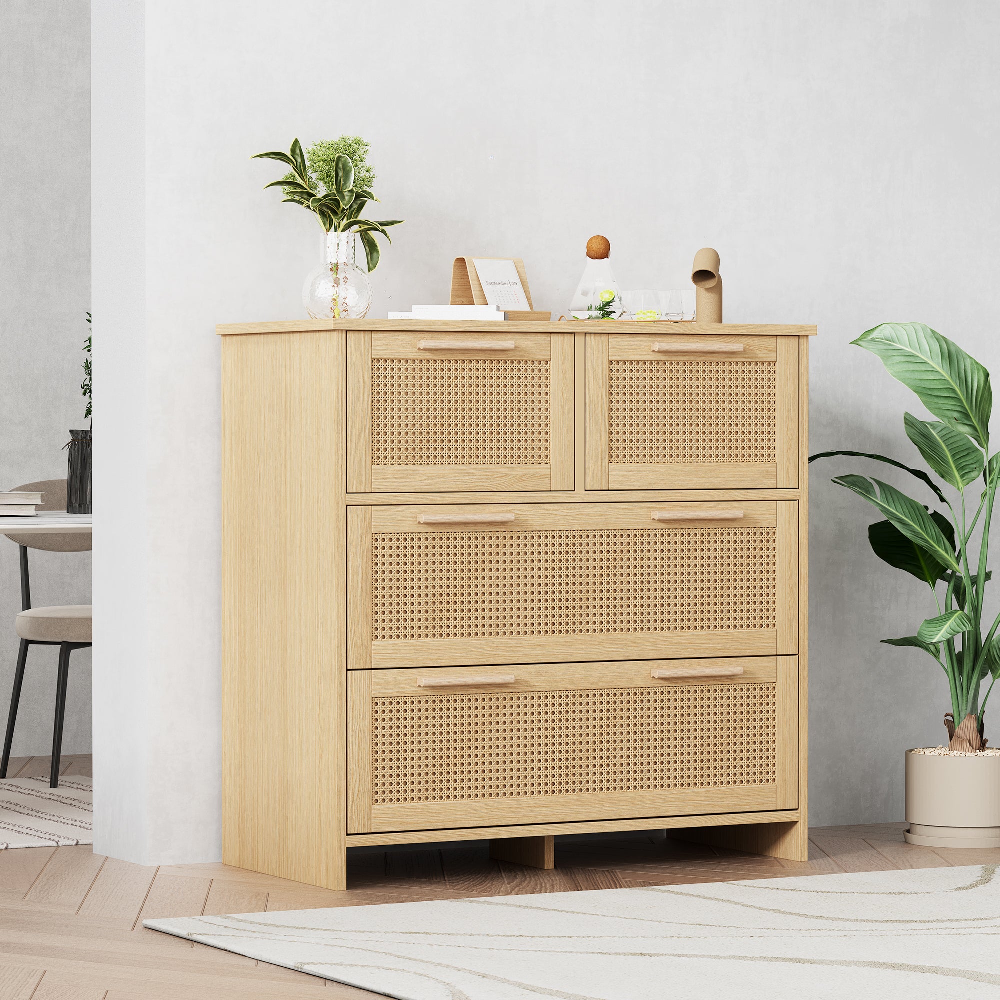 4-drawer rattan cabinet with solid wood handles - suitable for bedroom, living room, dining room, hallway, W80/H80/D38 cm.