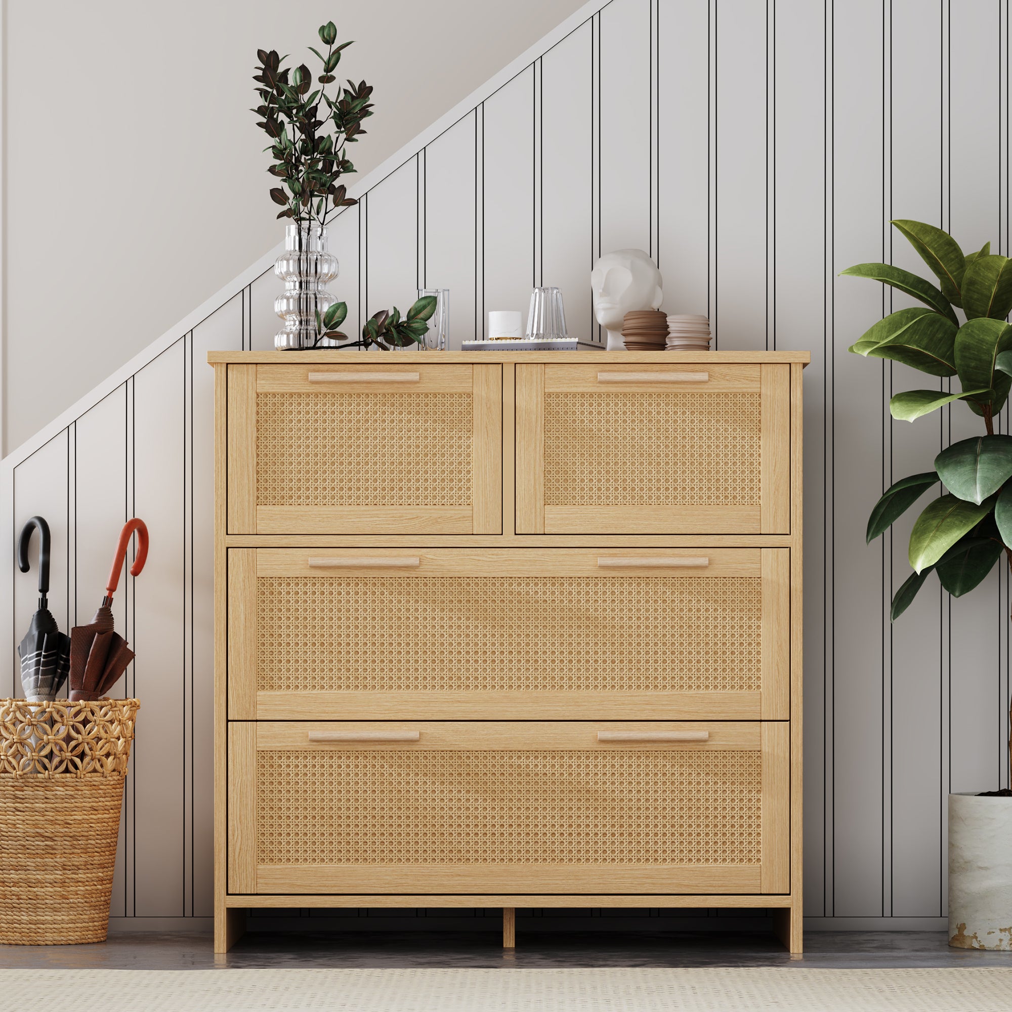 4-drawer rattan cabinet with solid wood handles - suitable for bedroom, living room, dining room, hallway, W80/H80/D38 cm.