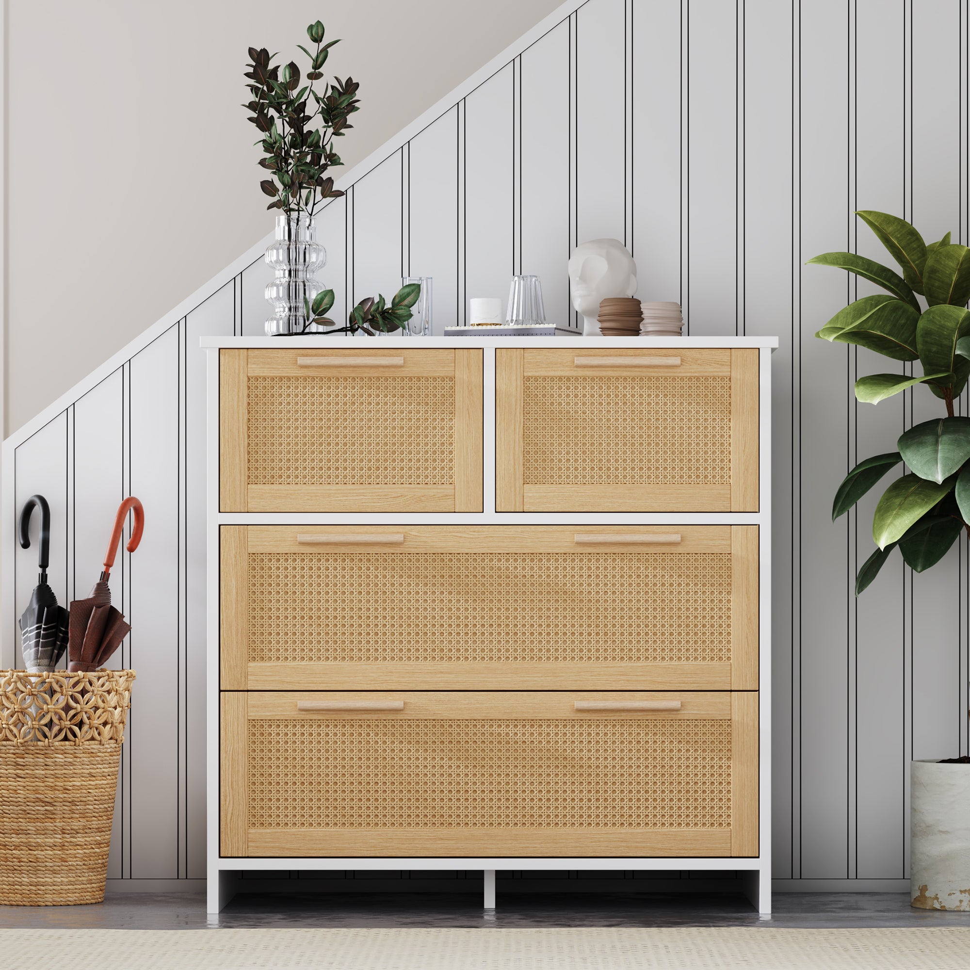 4-drawer rattan cabinet with solid wood handles