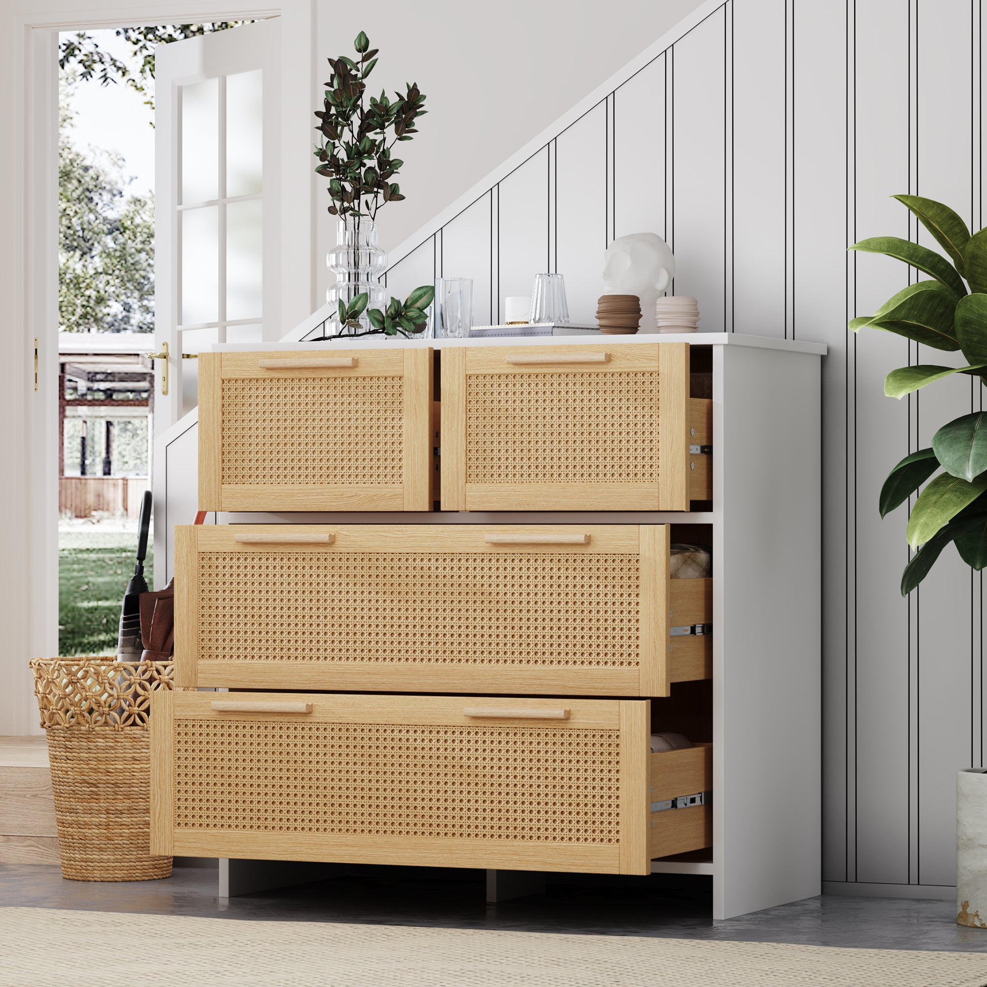 4-drawer rattan cabinet with solid wood handles