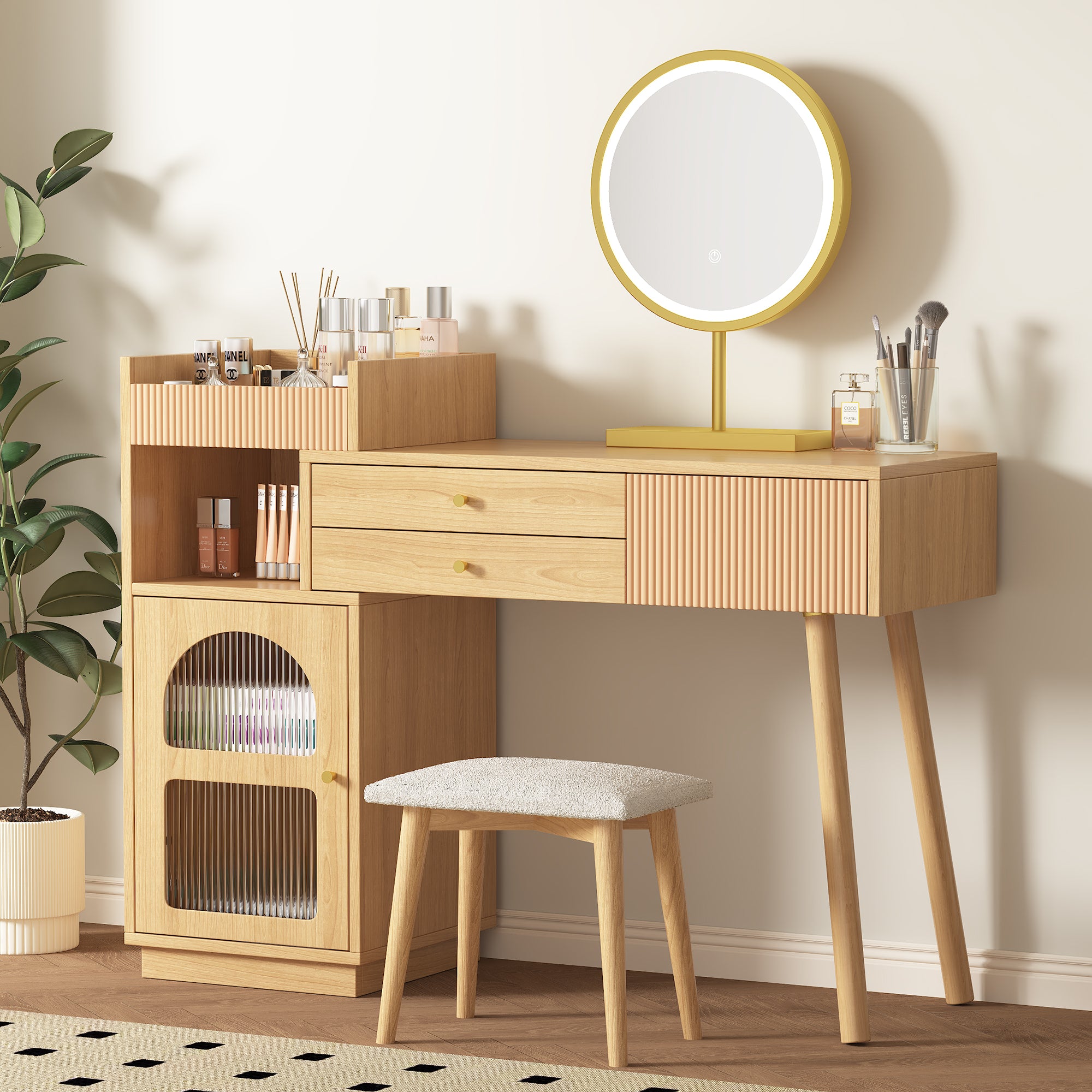 Dressing table set, cosmetic table with LED mirror and 3-color lighting, wooden