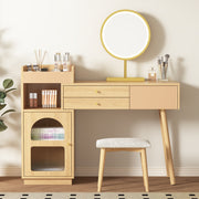 Dressing table set, cosmetic table with LED mirror and 3-color lighting, wooden