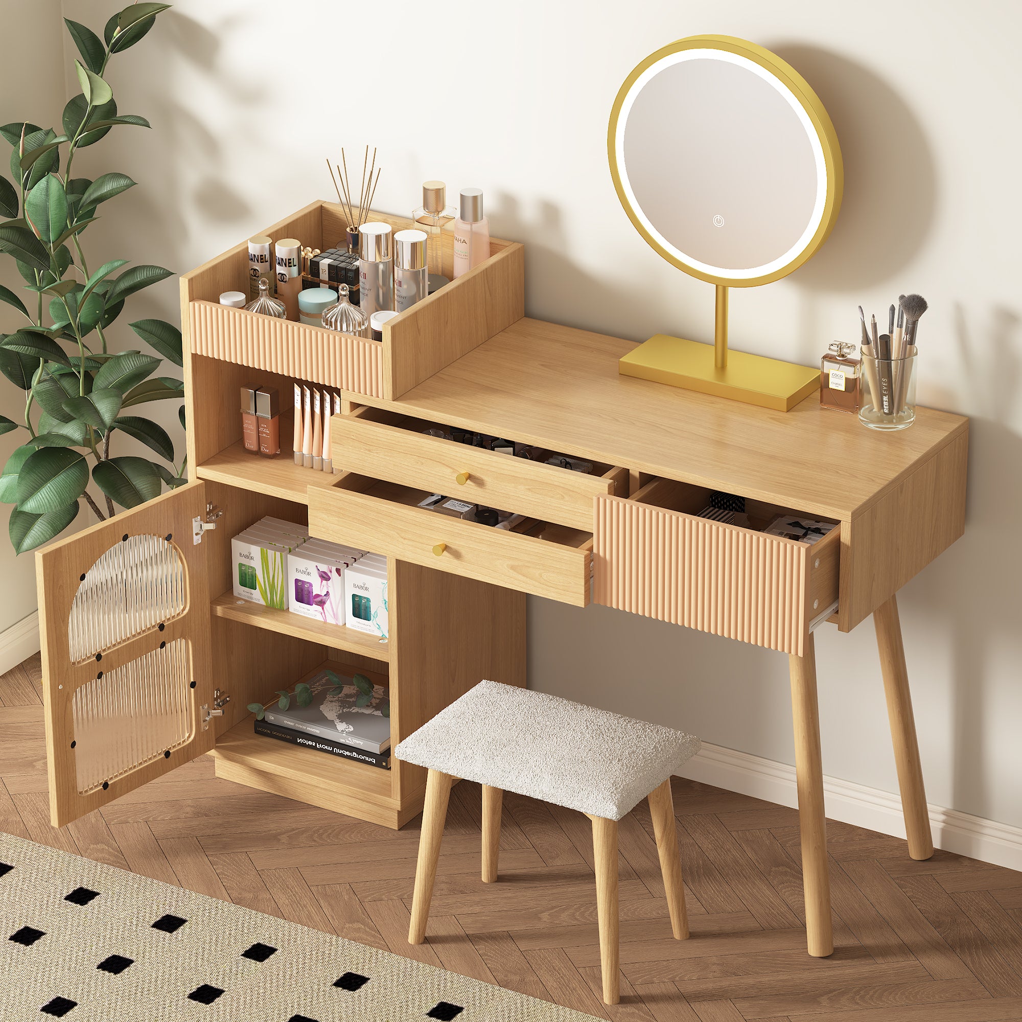 Dressing table set, cosmetic table with LED mirror and 3-color lighting, wooden