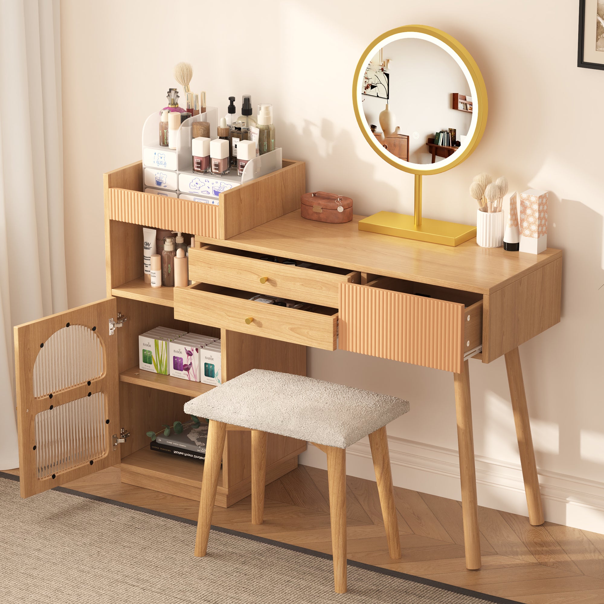 Dressing table set, cosmetic table with LED mirror and 3-color lighting, wooden