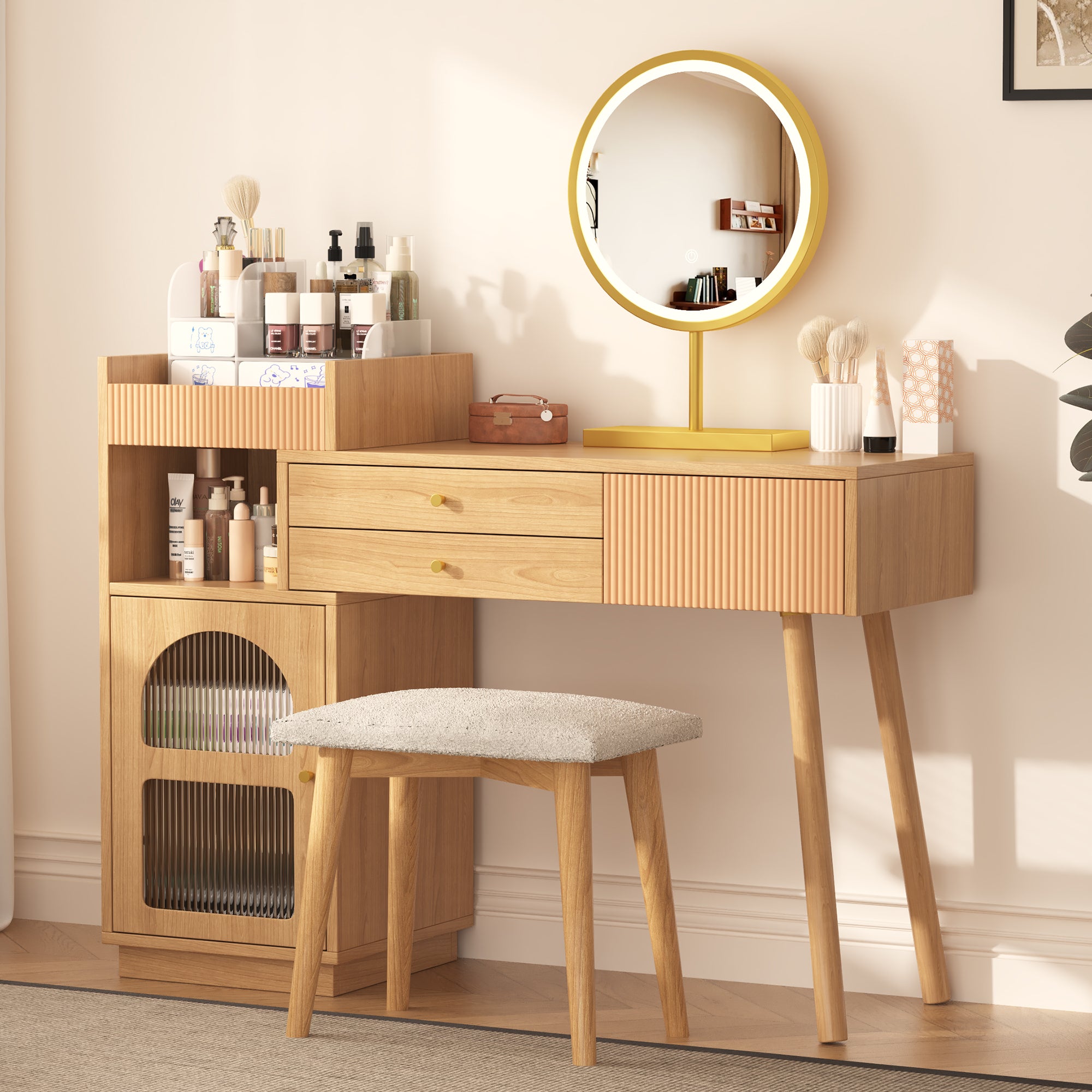 Dressing table set, cosmetic table with LED mirror and 3-color lighting, wooden