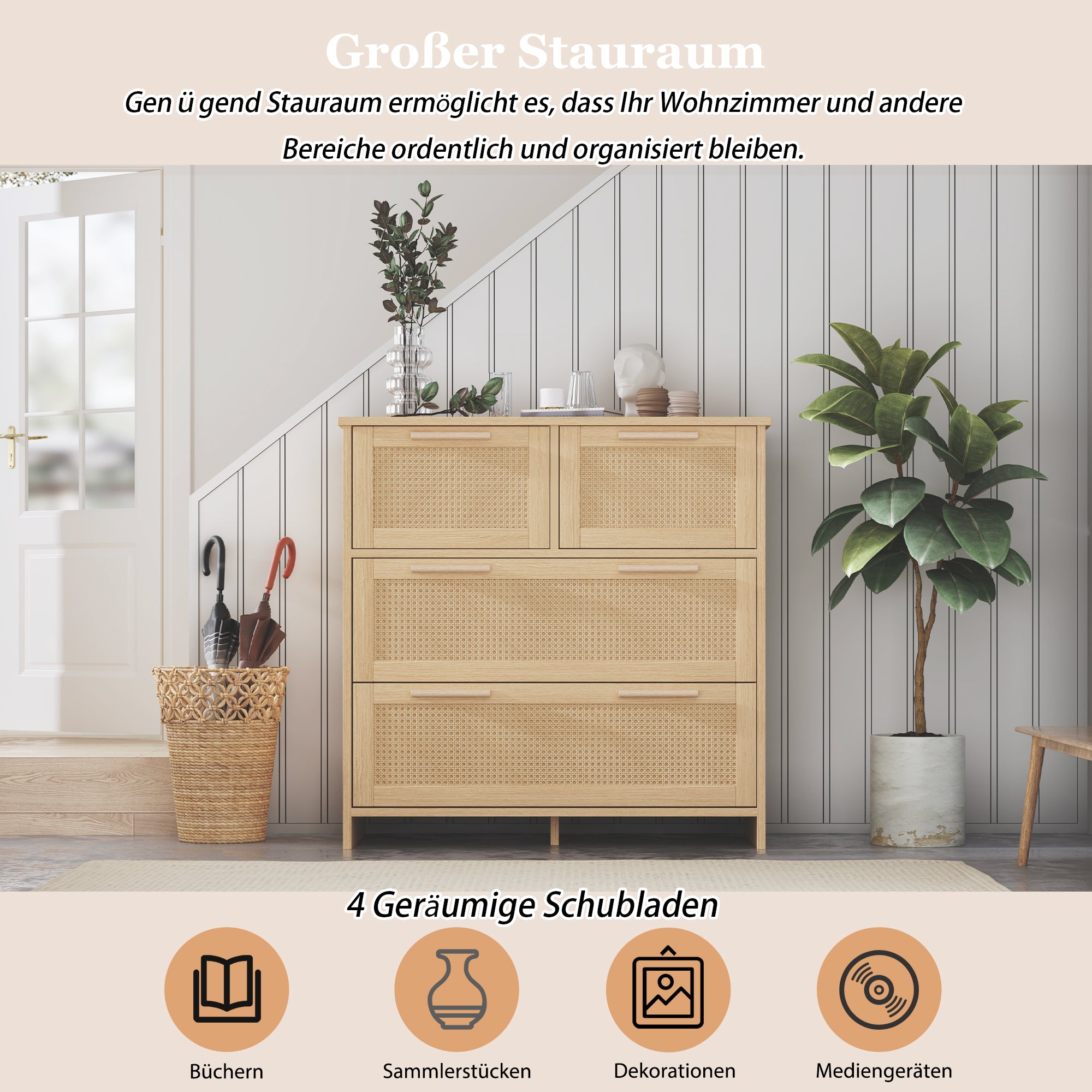 4-drawer rattan cabinet with solid wood handles - suitable for bedroom, living room, dining room, hallway, W80/H80/D38 cm.