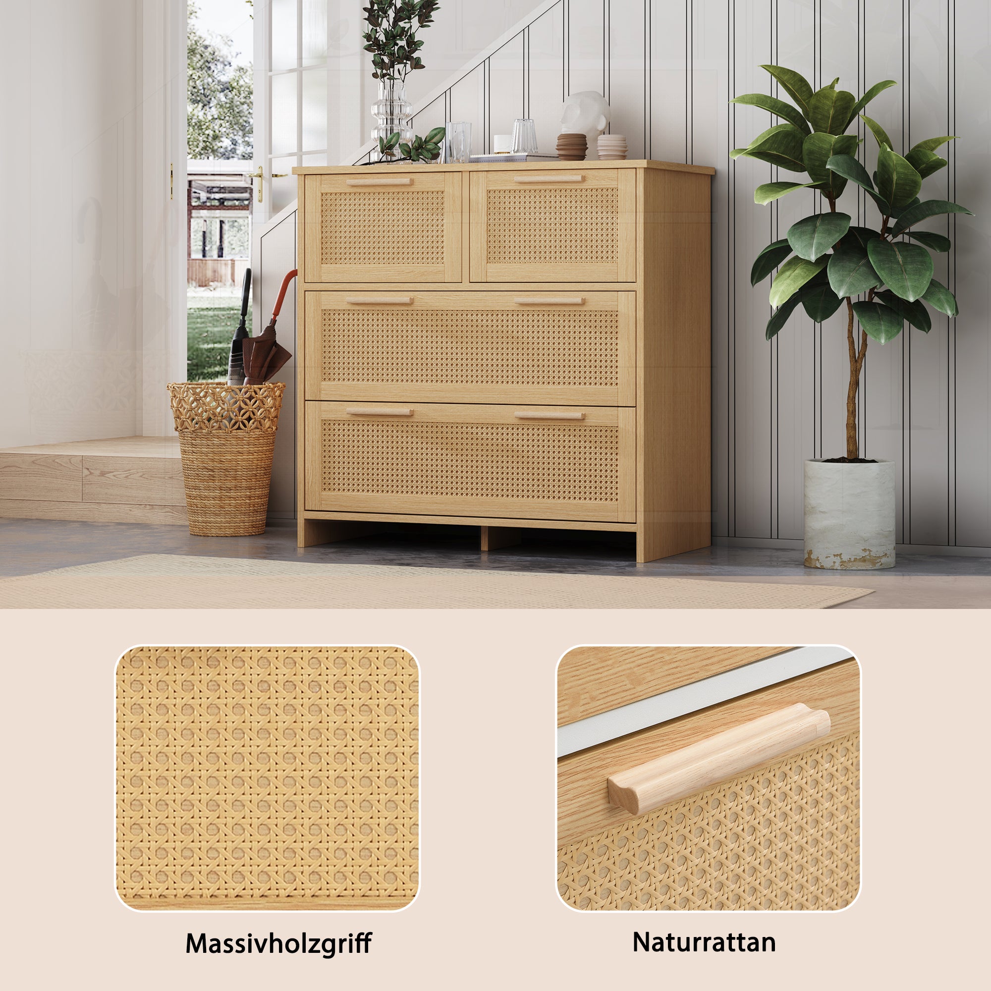 4-drawer rattan cabinet with solid wood handles - suitable for bedroom, living room, dining room, hallway, W80/H80/D38 cm.