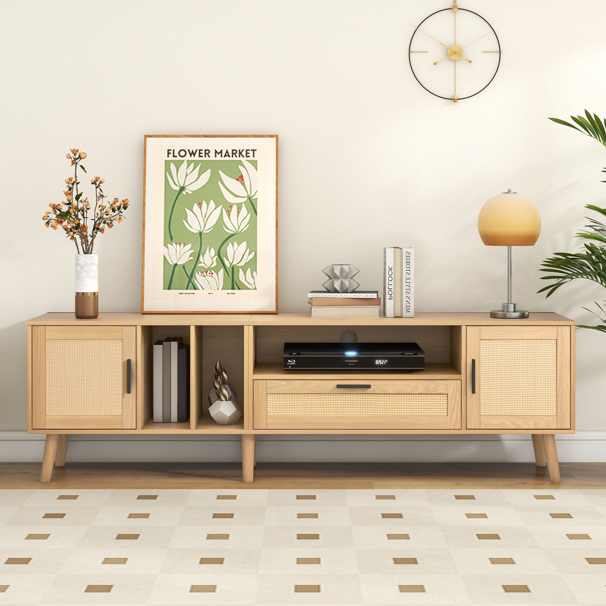 TV Cabinet, 180cm Rattan with 2 Doors & 1 Drawer, Solid Wood