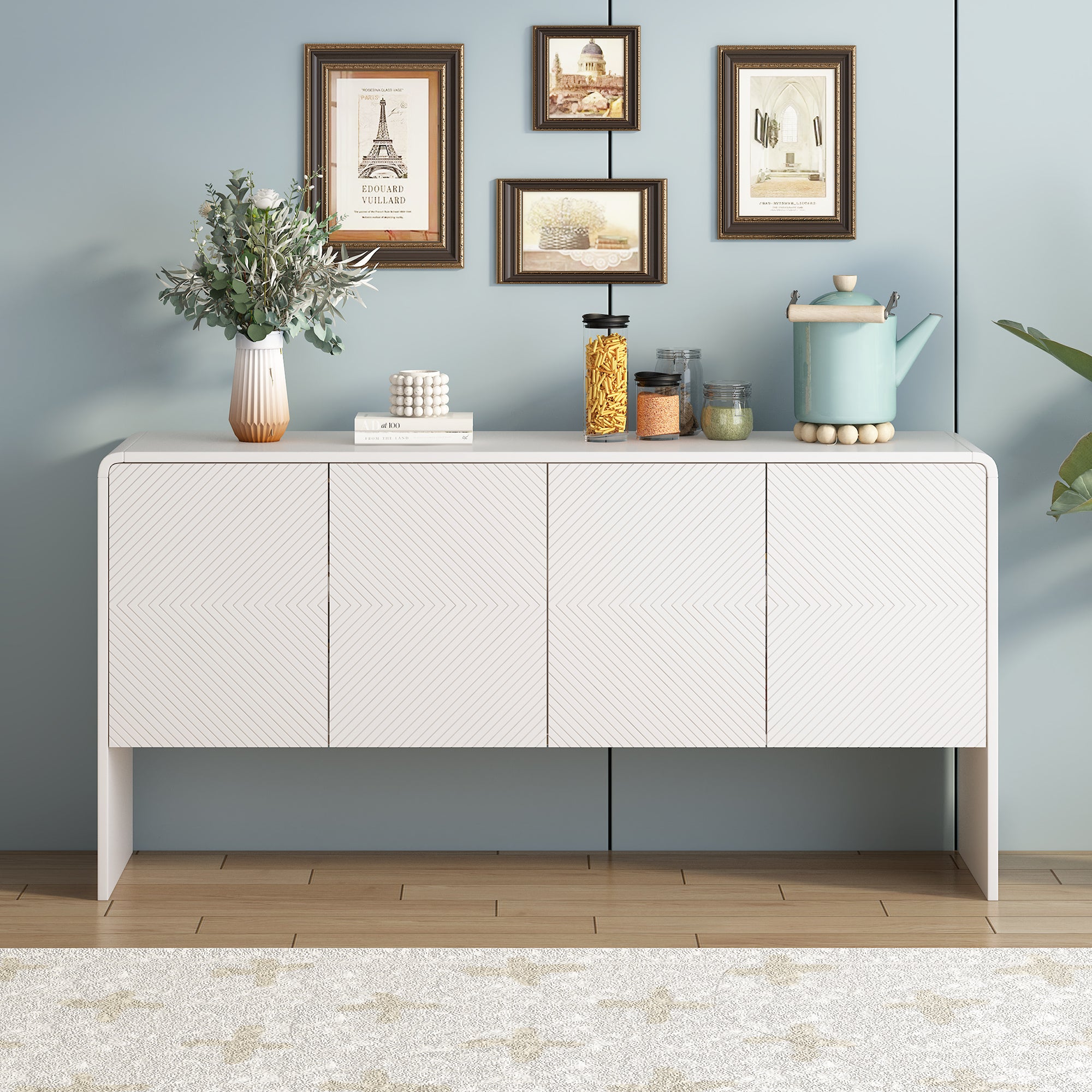 Minimalist Storage Sideboard with 4 Doors and Reclining Mechanism, White
