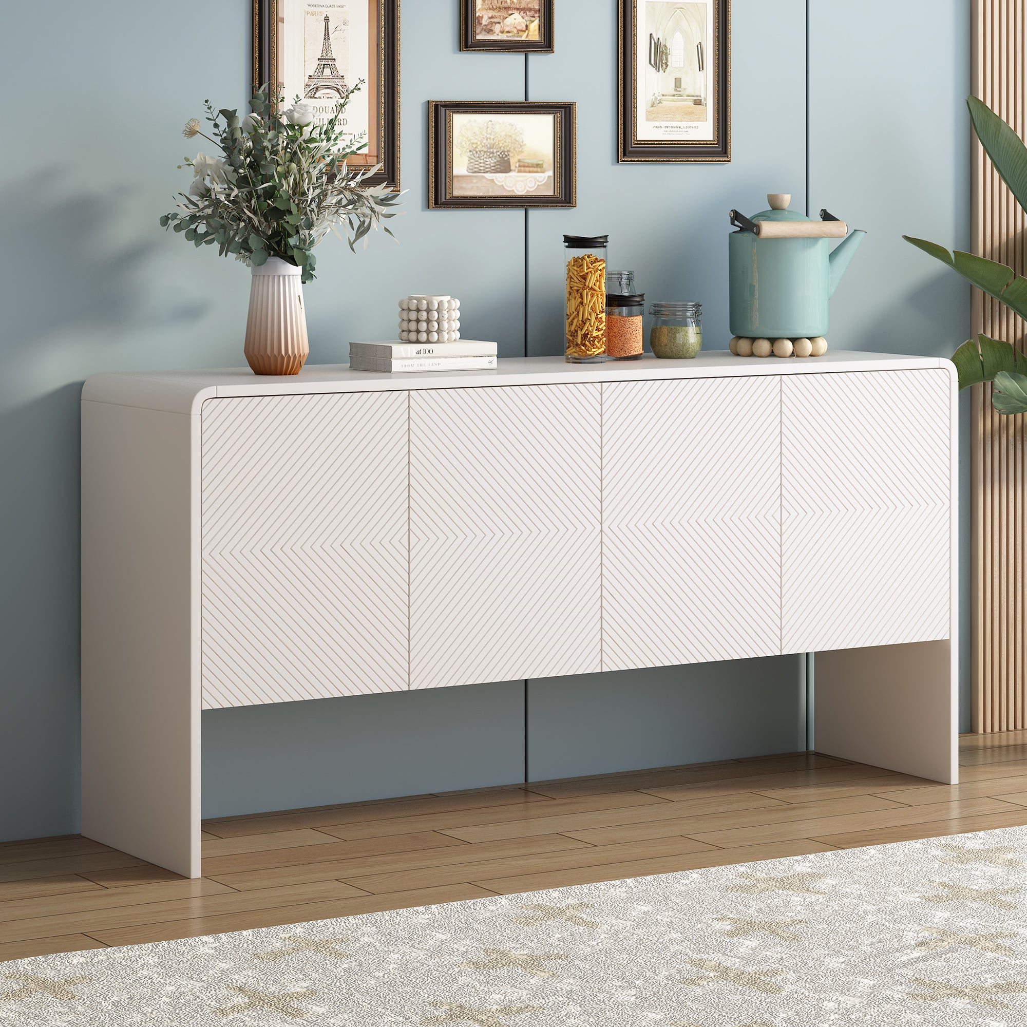 Minimalist Storage Sideboard with 4 Doors and Reclining Mechanism, White