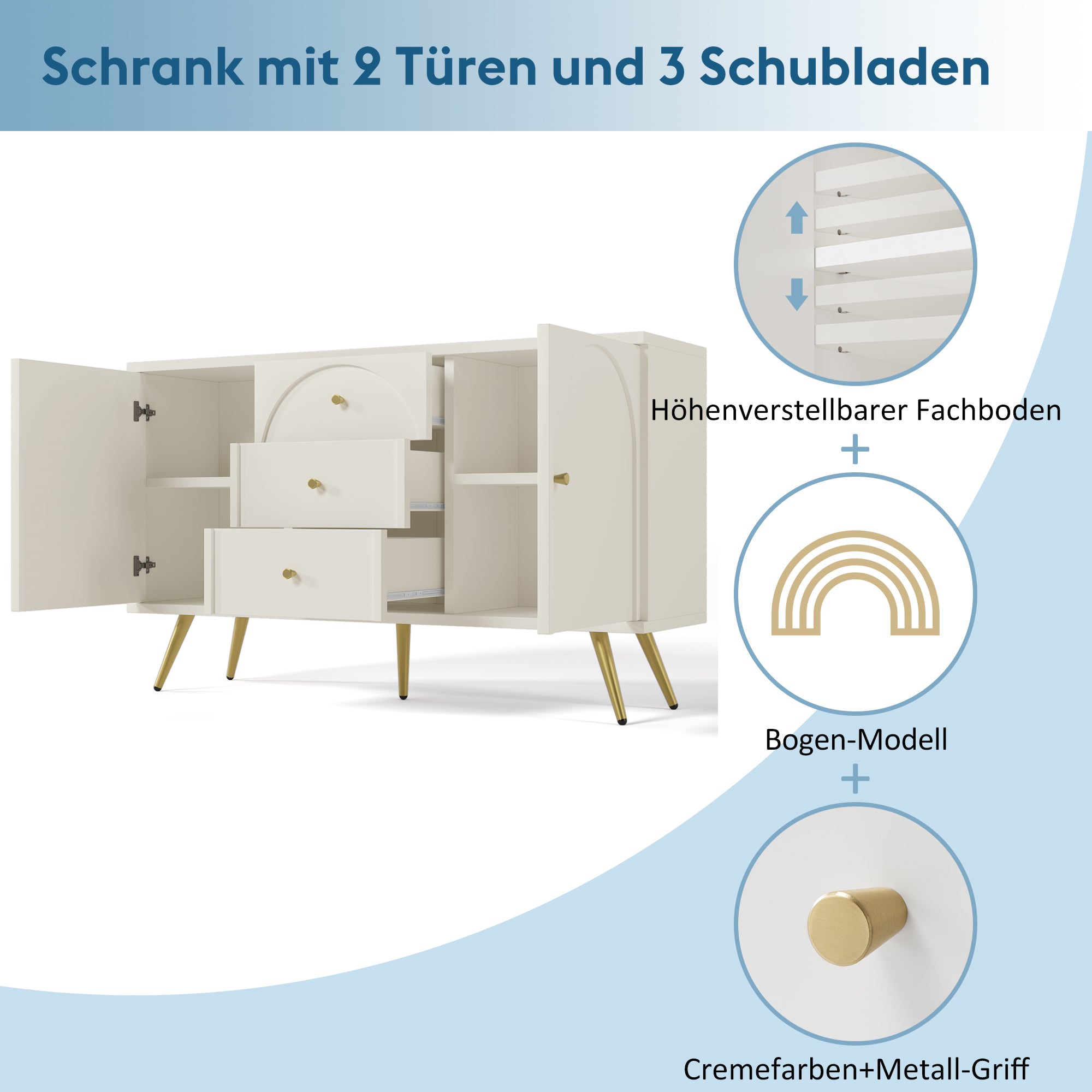 Chest of Drawers, 2 Doors, 3 Drawers, Adjustable Shelf, Cream-White