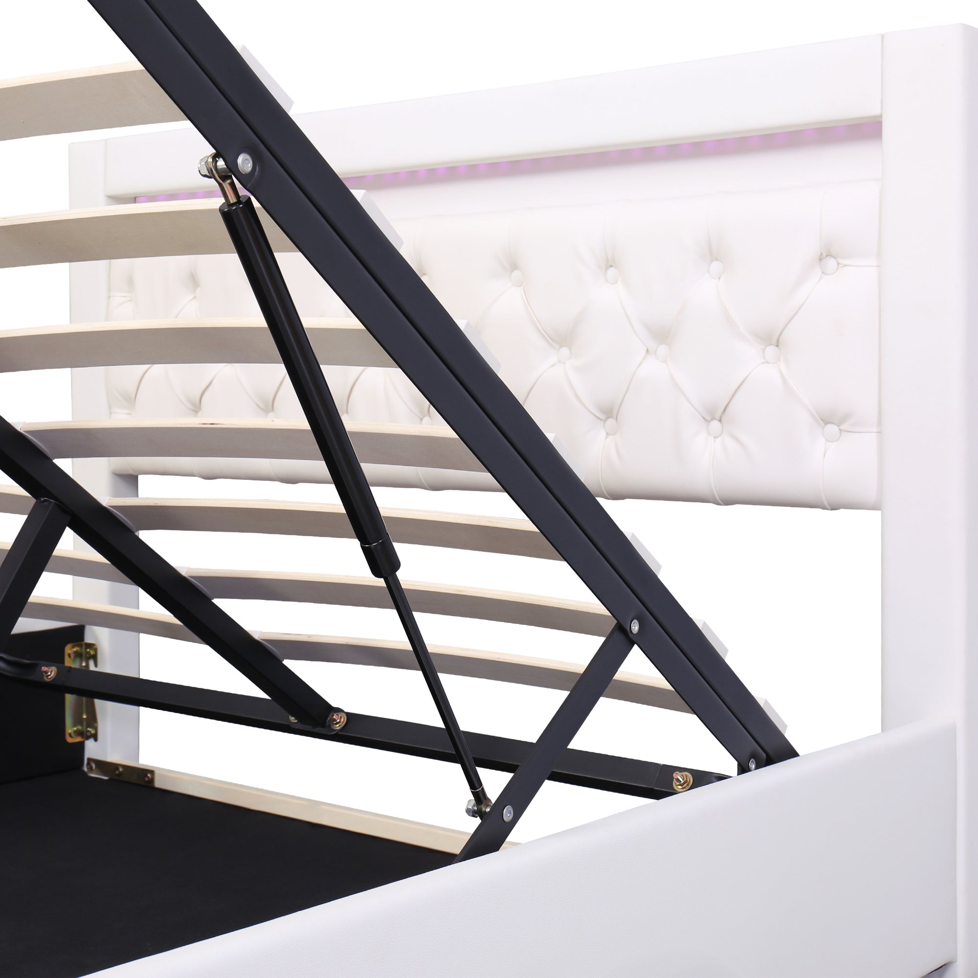 160 x 200cm PU Upholstered Bed with LED Headboard and Hydraulic Storage, White