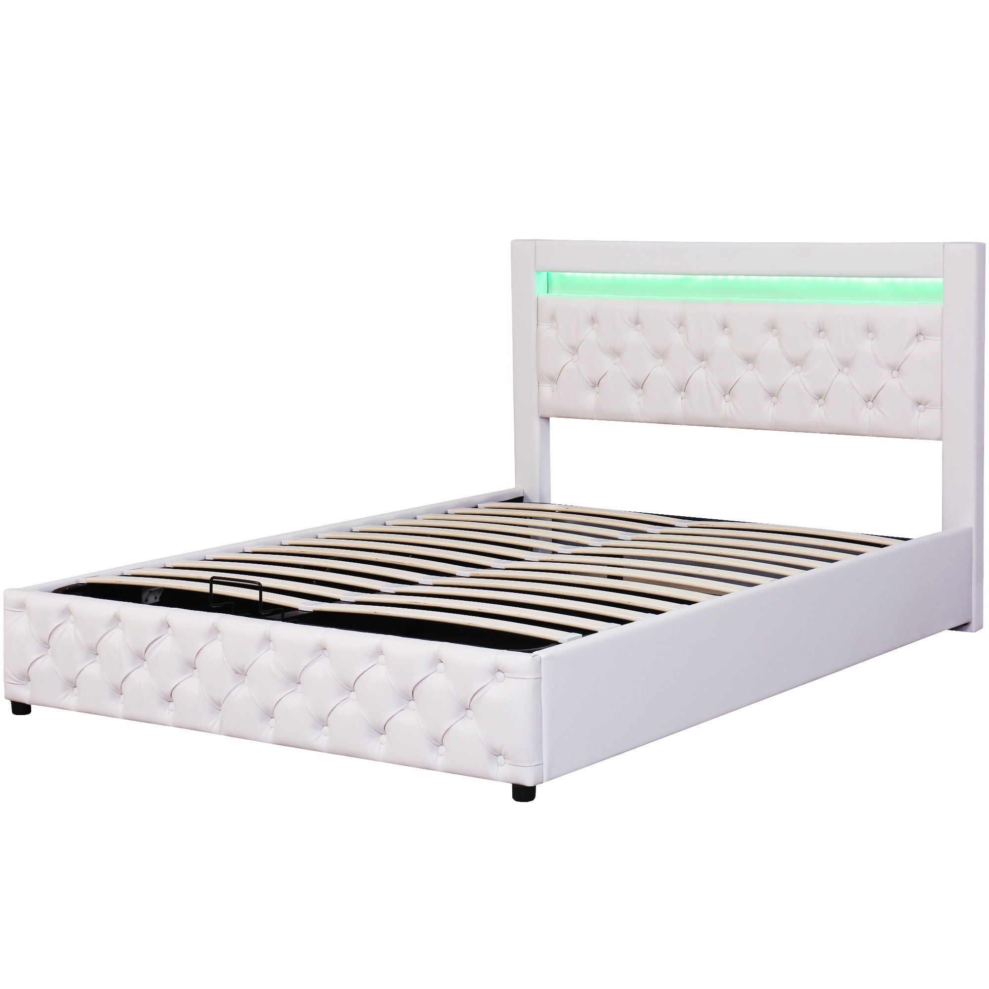 160 x 200cm PU Upholstered Bed with LED Headboard and Hydraulic Storage, White