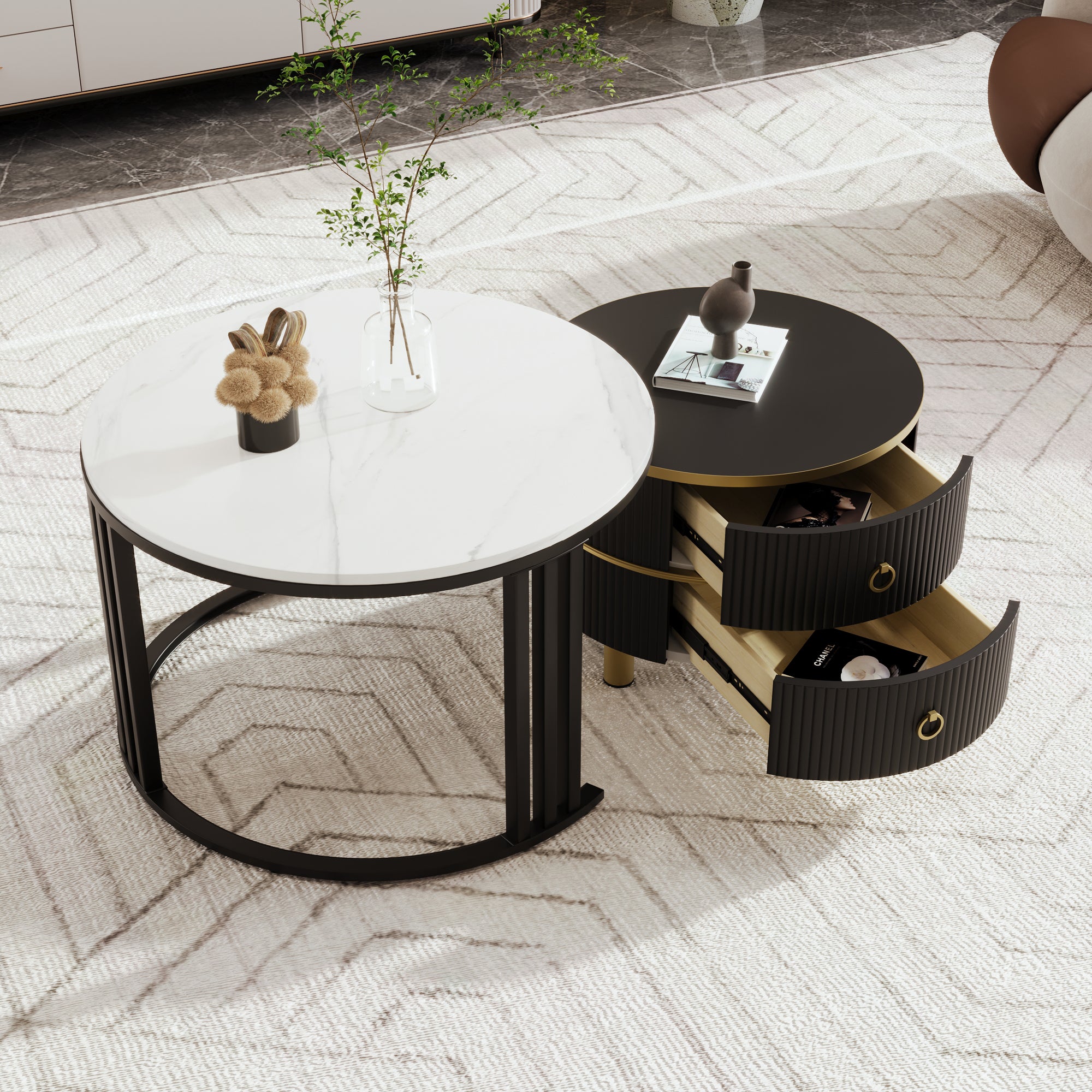 Coffee Table, 2-in-1 Round with Drawers, MDF & White Marble